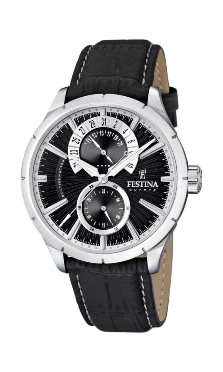 Festina Reloj Hombre Analógico de Cuero Negro - Movimiento de Cuarzo - Cristal Mineral de Alta Resistencia - Resistente al Agua 5 ATM Elegante - Multifunción F16573/​3