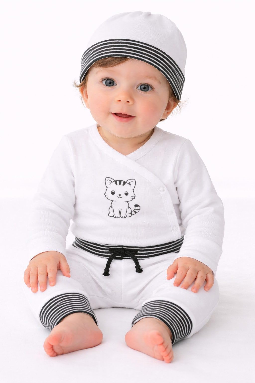Baby Erstausstattungsset 3-teilig – Wickeloberteil, Hose & Mütze Weiß mit Katze – Neugeborenen Erstlingskleidung aus Baumwolle – Unisex Baby Outfit – Größe 44–98