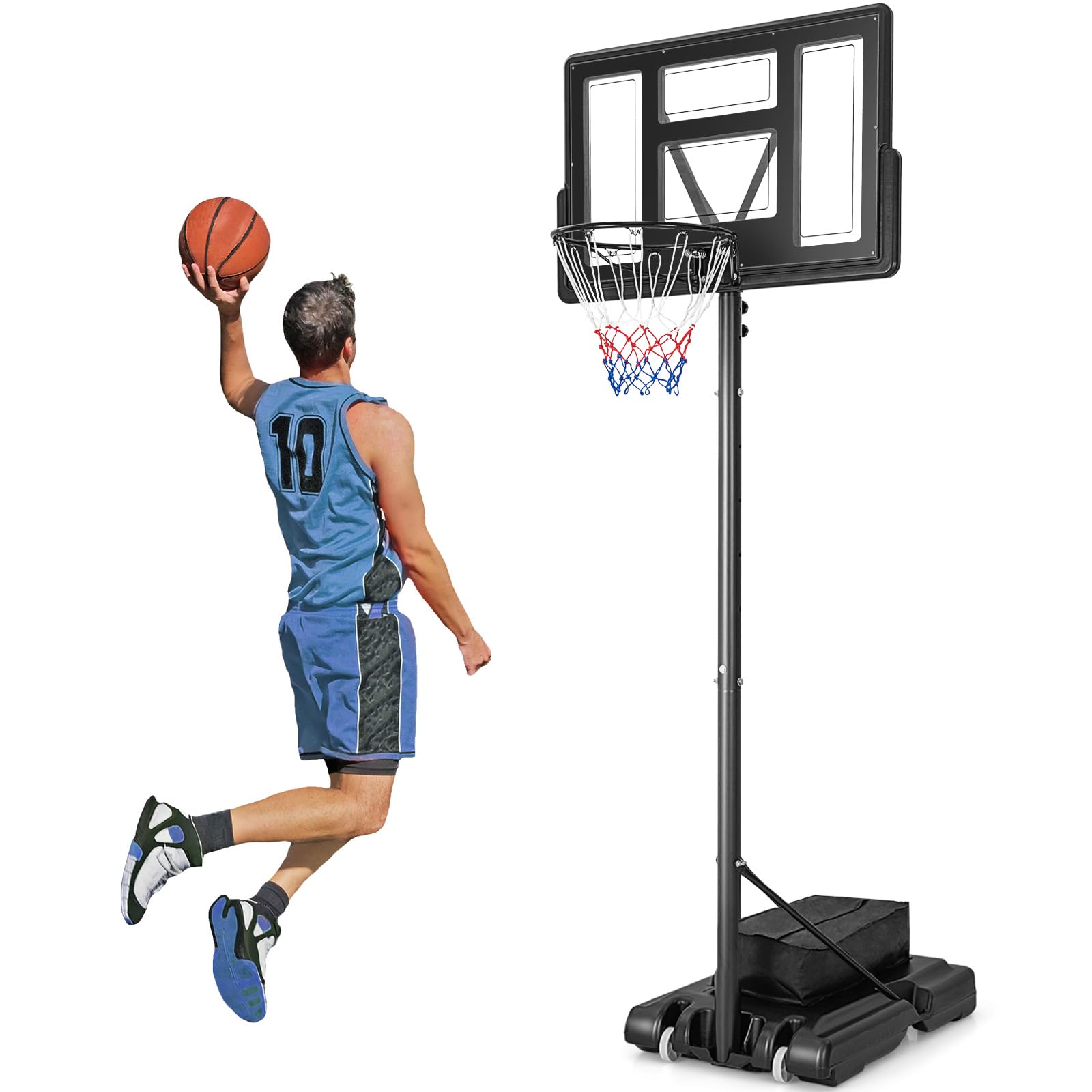 GYMAX Basketball Hoop Outdoor, 4.4-10 ft Adjustable, Portable Basketball Hoop w/ 44 Inch Shatterproof Backboard & Weight Bag, Basketball Goal for Kids, Youth, Adults in Pool/Backyard/Driveway/Indoor