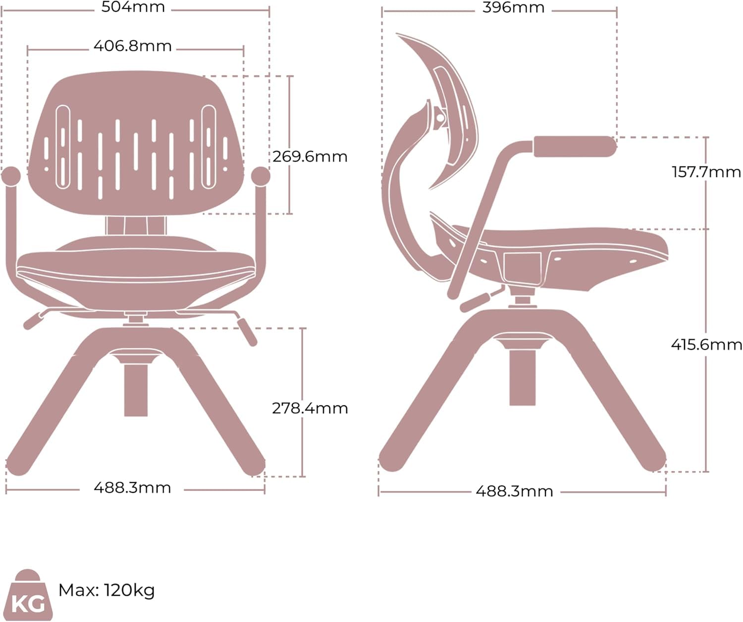 HOKO Kinderdrehstuhl höhenverstellbar, Jugendstuhl ohne Rollen, bis 120 kg | dynamisch mitbewegende Rückenlehne, Sitzhöhe von 40-50 cm, 360° drehbar, 30° neigbar, für Kinder ab ca. 125 cm, Rosa, LAURA