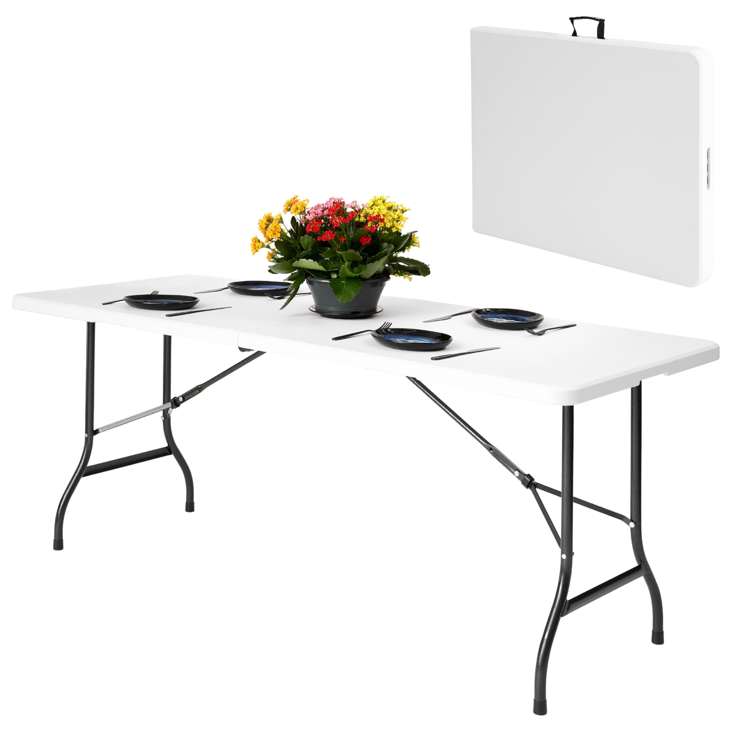 NOVECRAFTO 6ft Folding Table - 2 Pack, Indoor and Outdoor Foldable Trestle Table with Wood Grain Pattern, Heavy-Duty White Table Surface 70.8x29.5 In (180x75cm) with Steel Frame