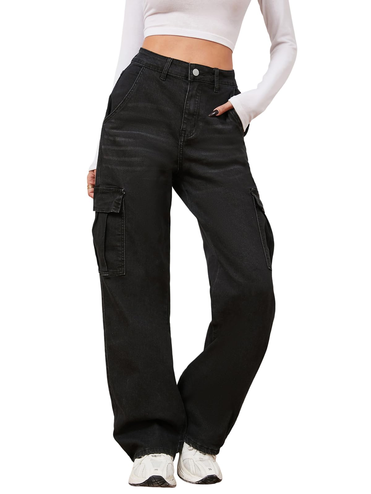 LONGYIDA Jeans Larghi da Donna Elasticizzati a Vita Alta Dritti a Gamba Larga Jeans Cargo Y2K Boyfriend Denim Pantaloni Cargo Pantaloni, Grigio e Nero., S