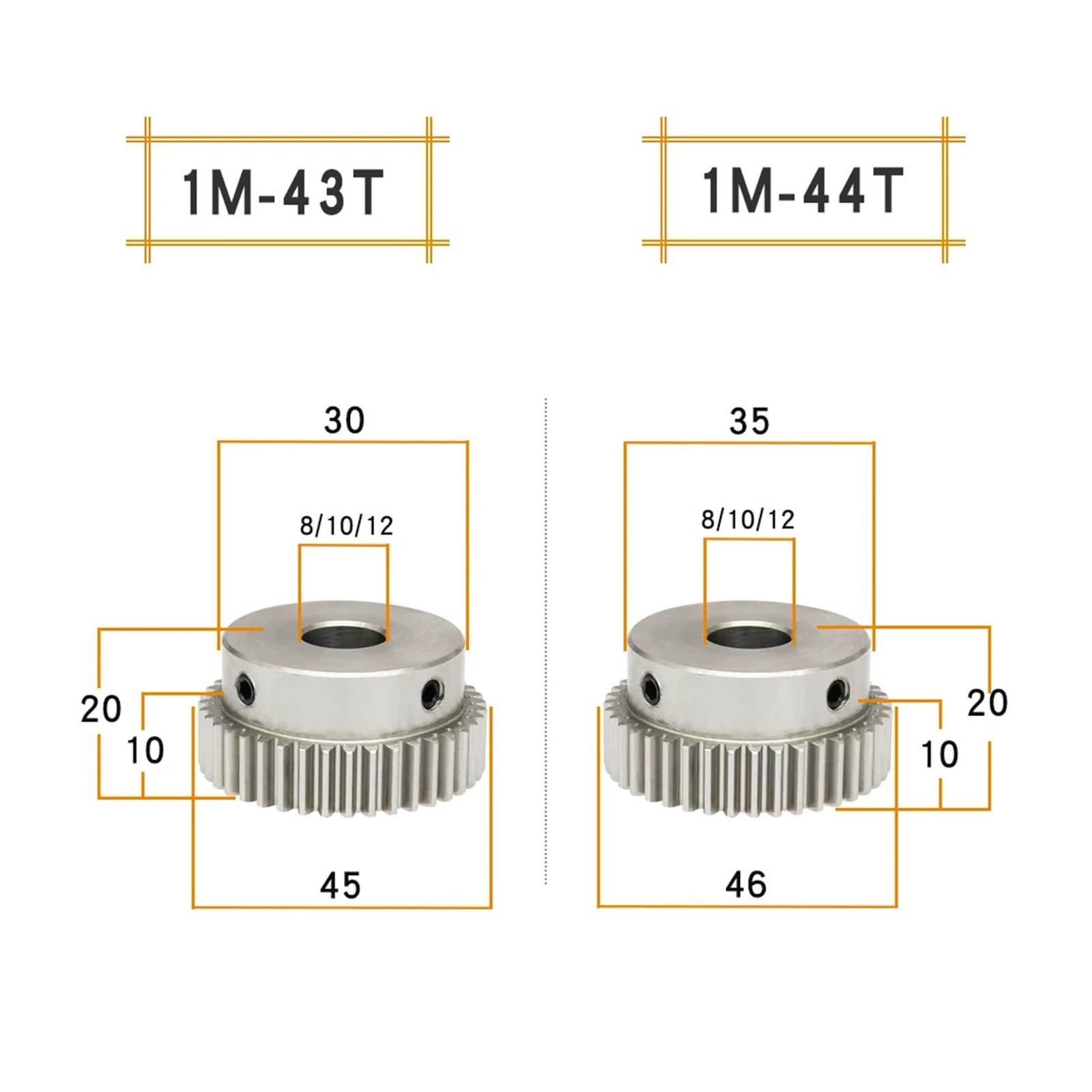 Bevel Gear Pinion Hardware Mechanical Gear Wheel 1M-43T/44T Bore Size 8/10/12 Mm 304 Steel Motor Gear Teeth Thickness 10 Mm Total Height 20 Mm(12 mm-43 Teeth)