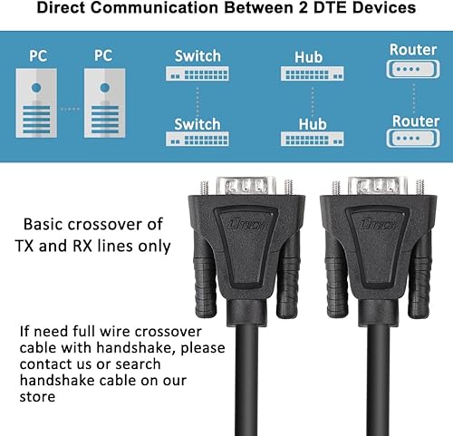 Miniatura 5 de DTech DB9 RS232 - Cable serie macho a hembra, cable de módem nulo, línea cruzada TX RX para comunicación de datos (10 pies, negro)
