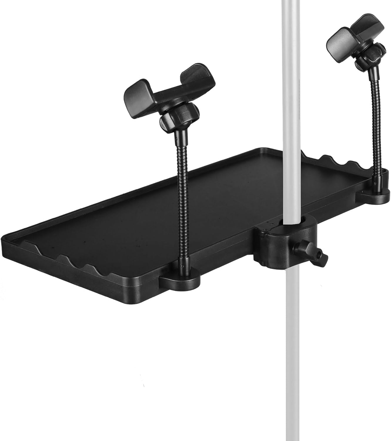 Mr.Power Universal Microphone Stand Plastic Tray with Dual Phone Holder, Clamp-On Adjustable Rack Tray Holder Accessories for Stage, Live Streaming, Recording, Concert Performance, Karaoke, Home
