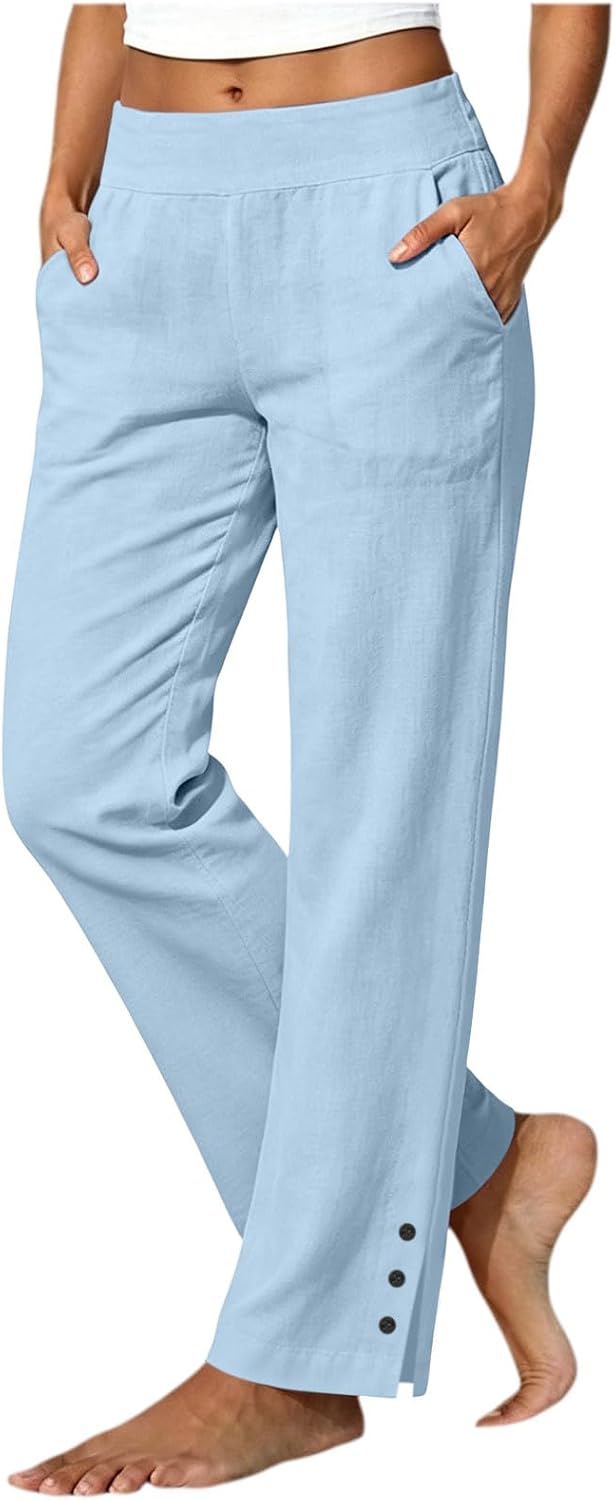 Linen Pants Women Summer Casual High Waist Straight Leg Trousers Lightweight Loose Side Slit Pant with Pockets
