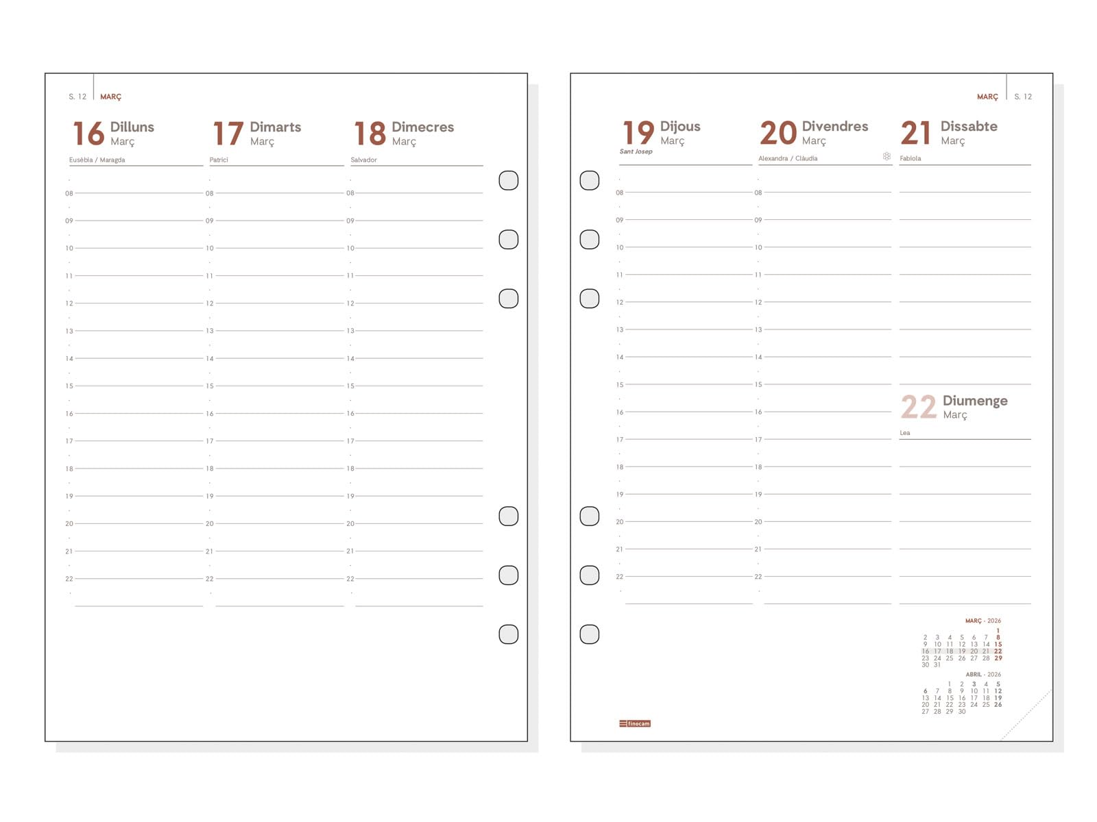 Finocam - Agenda Organizzatore in pelle 2026 Settimana Vista Verticale | Gennaio - Dicembre (12 mesi) | Agenda Organizzatore anelli con blocco note | Open Piel Andrea Black - Catalano