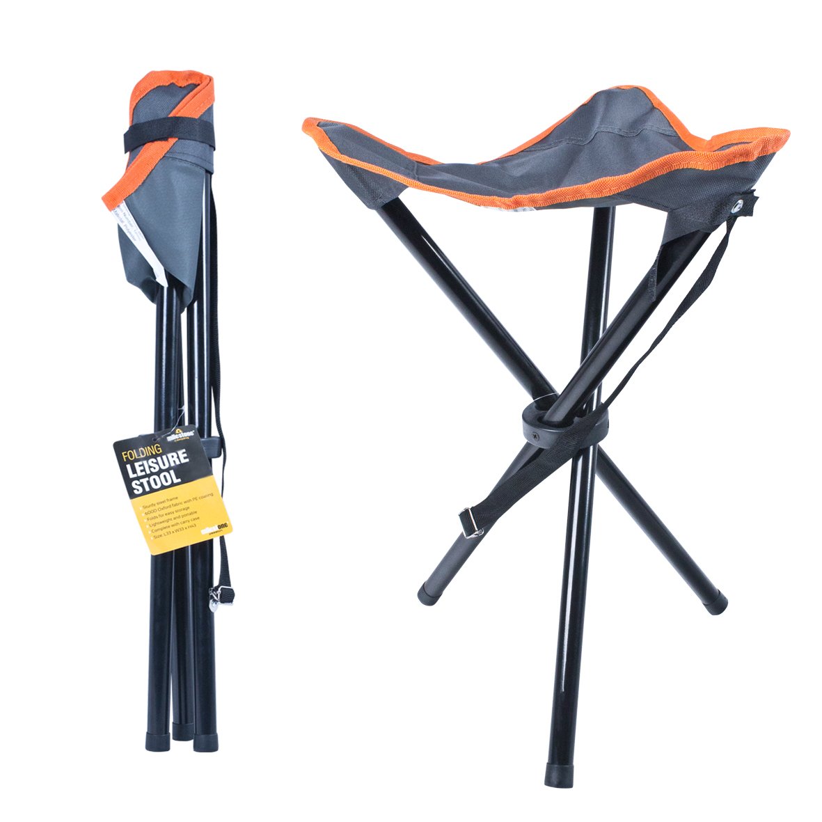 Milestone Camping 12080 Compact Outdoor Tripod Stool Folding Leisure Stool Camping Fishing Garden - Grey & Orange, L33xW33xH43cm