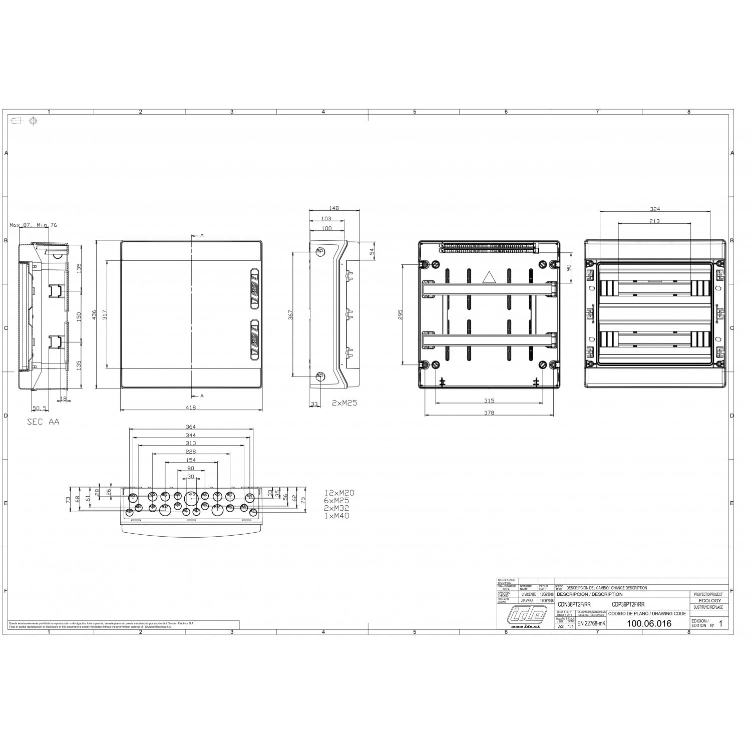 IDE CDN36PT2F IP65 Cofret Estanco de Distribución Terminal, ABS, Precintable, Gris, 436mm x 418mm x 148mm