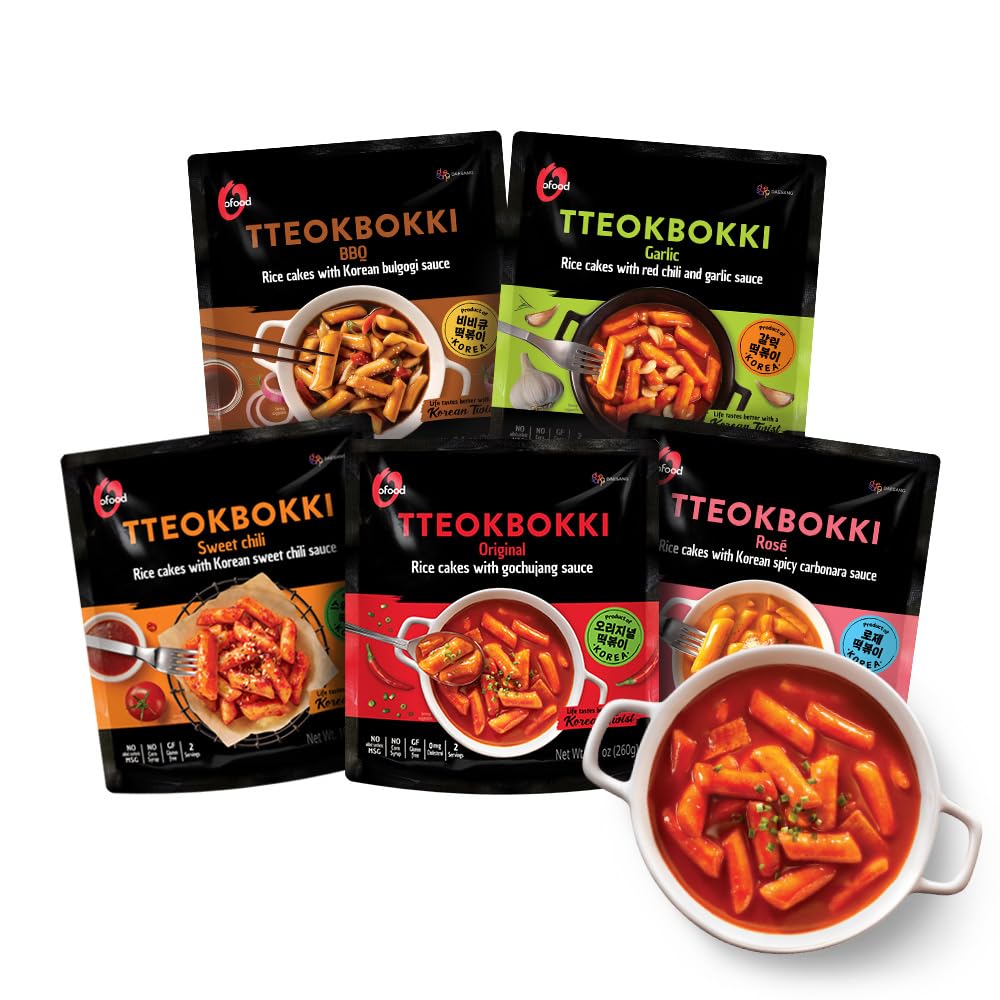 Chung Jung One O'Food Tteokbokki Variety Pack, Pack of 5, Instant Korean Rice Cakes, Authentic Spicy Street Food, Ready to Eat, No MSG, No Corn Syrup
