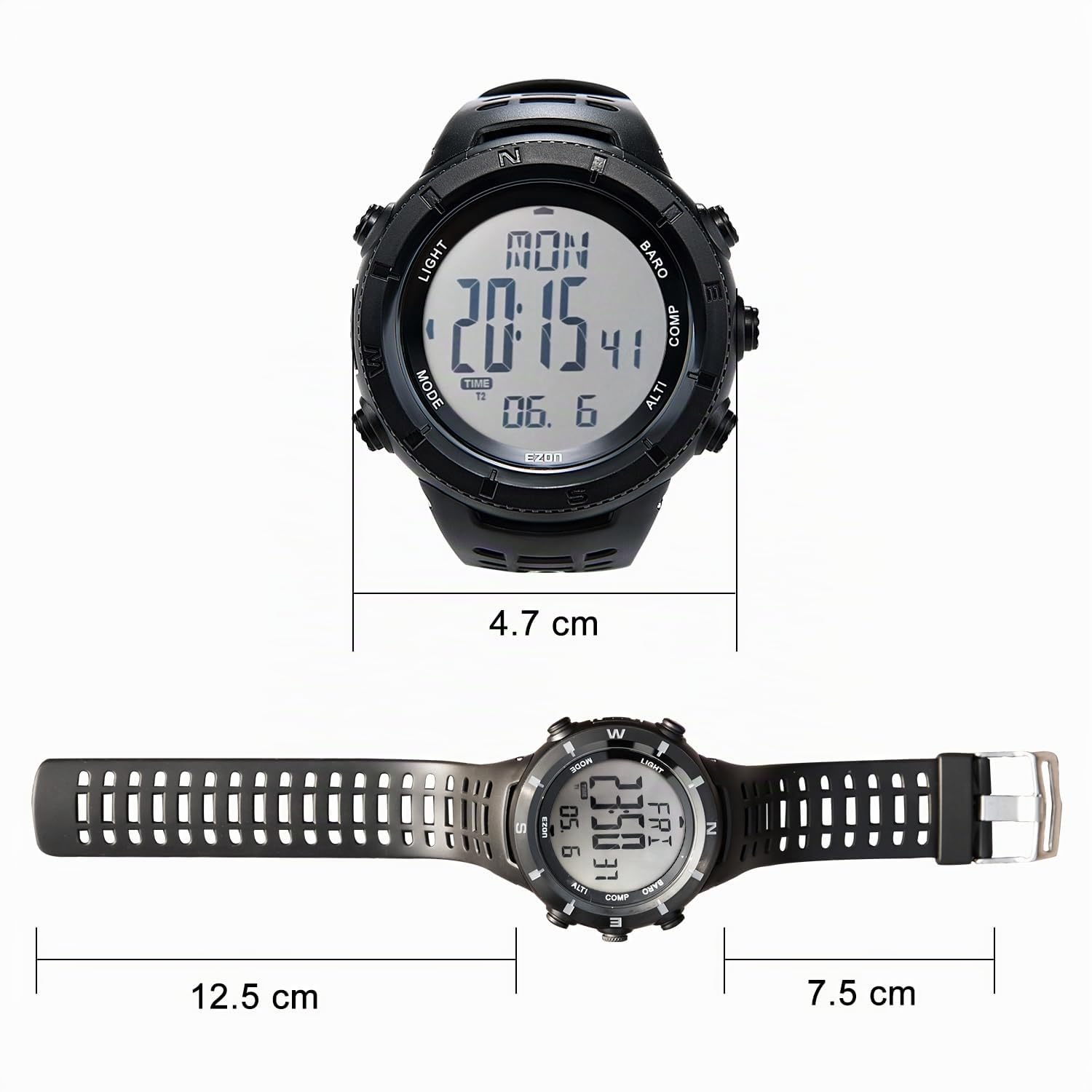 EZON H001 Montre de sport étanche pour homme avec boussole, thermomètre, baromètre, altimètre, noir