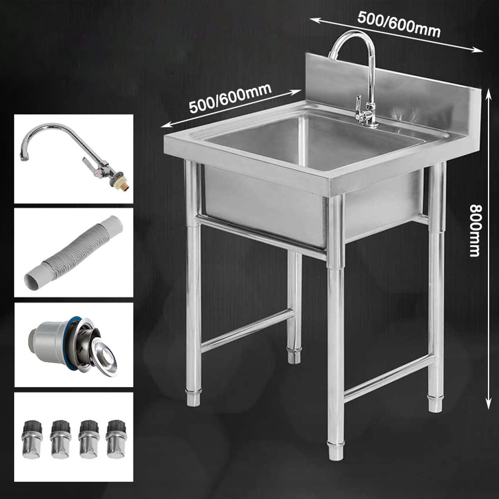 Évier de Cuisine à Une cuve de 50/60 cm, évier de Poste de Travail résidentiel en Acier Inoxydable avec kit de vidange (Salle à Manger, sous-Sol, Garage, buanderie)
