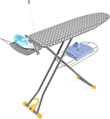 APEXCHASER Tabla de planchar, tabla de hierro con estante desplegable, cubierta extra gruesa resistente al calor, soporte de hierro, 7 altura