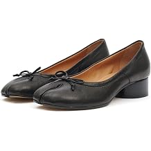KOKOMOMO Black Split Toe Ballet Heels for Women Japanese Tabi Shoes Cylindrical Low Heels Pumps Chunky Block Heel Office Wedding Party Dress Shoes 1.2 INCH