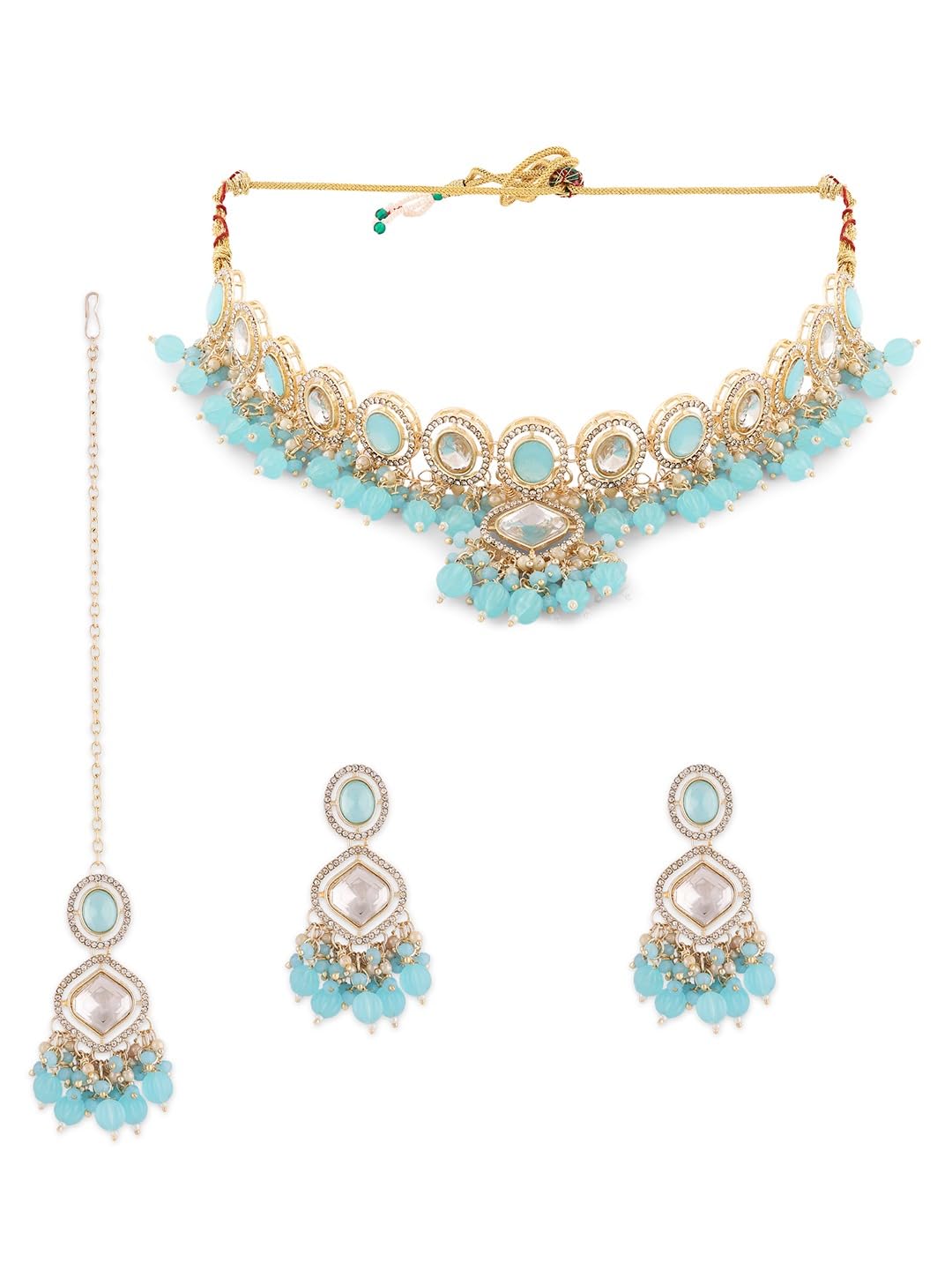 ZAVERI PEARLS Turquoise Blue Austrian Diamonds Artificial Stones & Beads Bridal Necklace Earring & Maangtikka Set For Women-ZPFK18569 (B0DBQ99YSQ) Amazon Price History, Amazon Price Tracker
