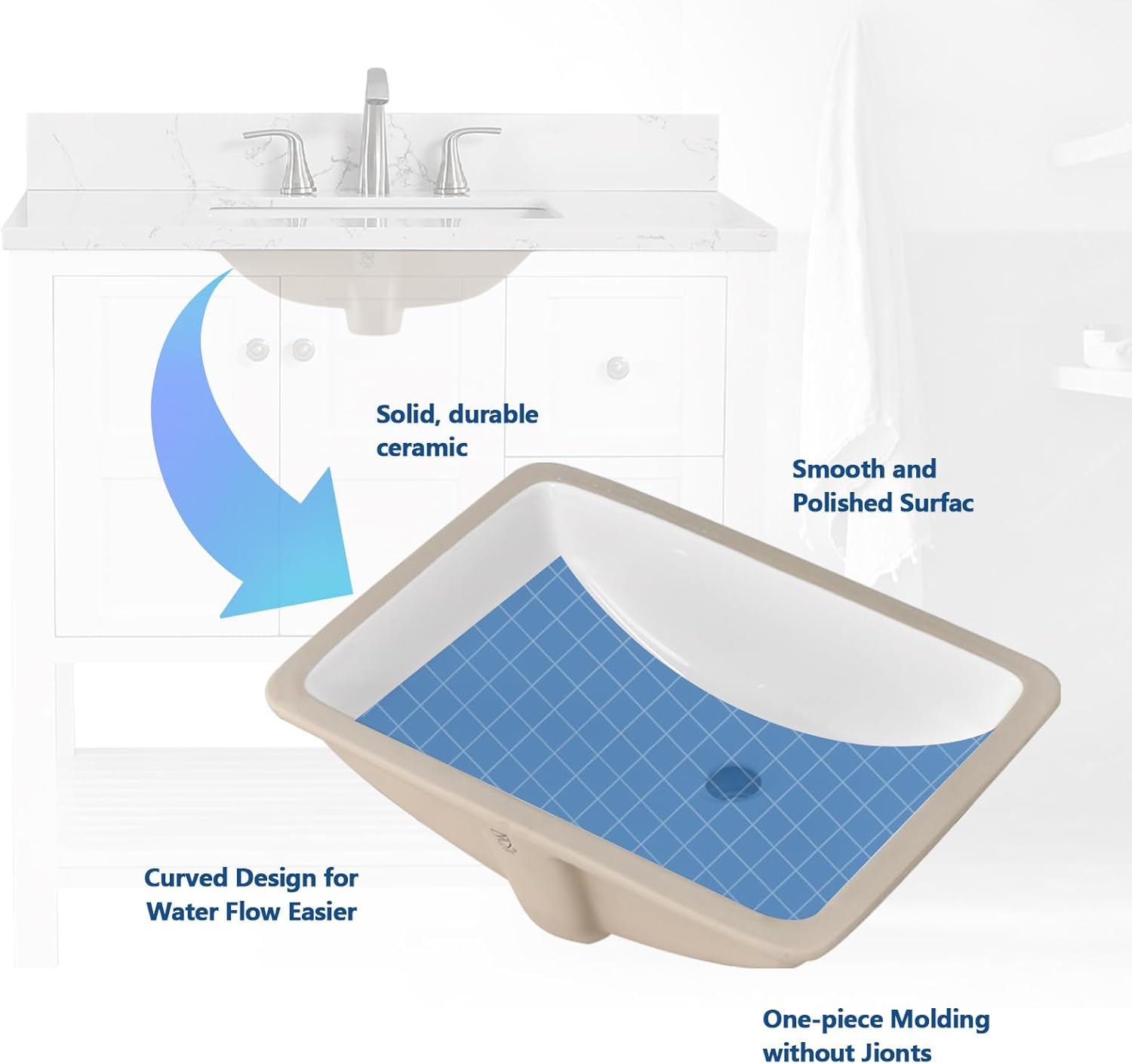 36" White Engineered Stone Vanity Top with Rectangular Sink
