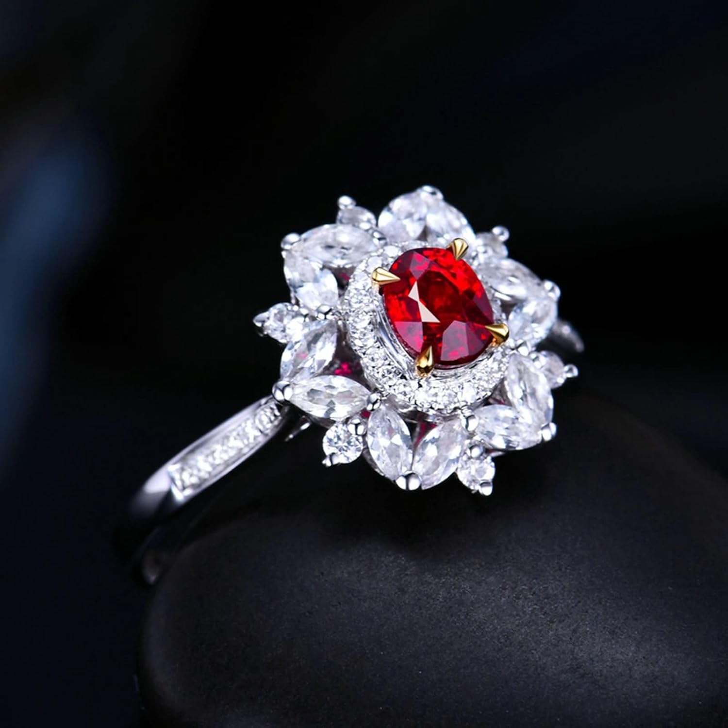 Women Engagement Ring 9 K / 14 K / 18 K White Gold, Flower and Oval with 0.45ct Ruby and Diamond, Rings Silver Red Wedding
