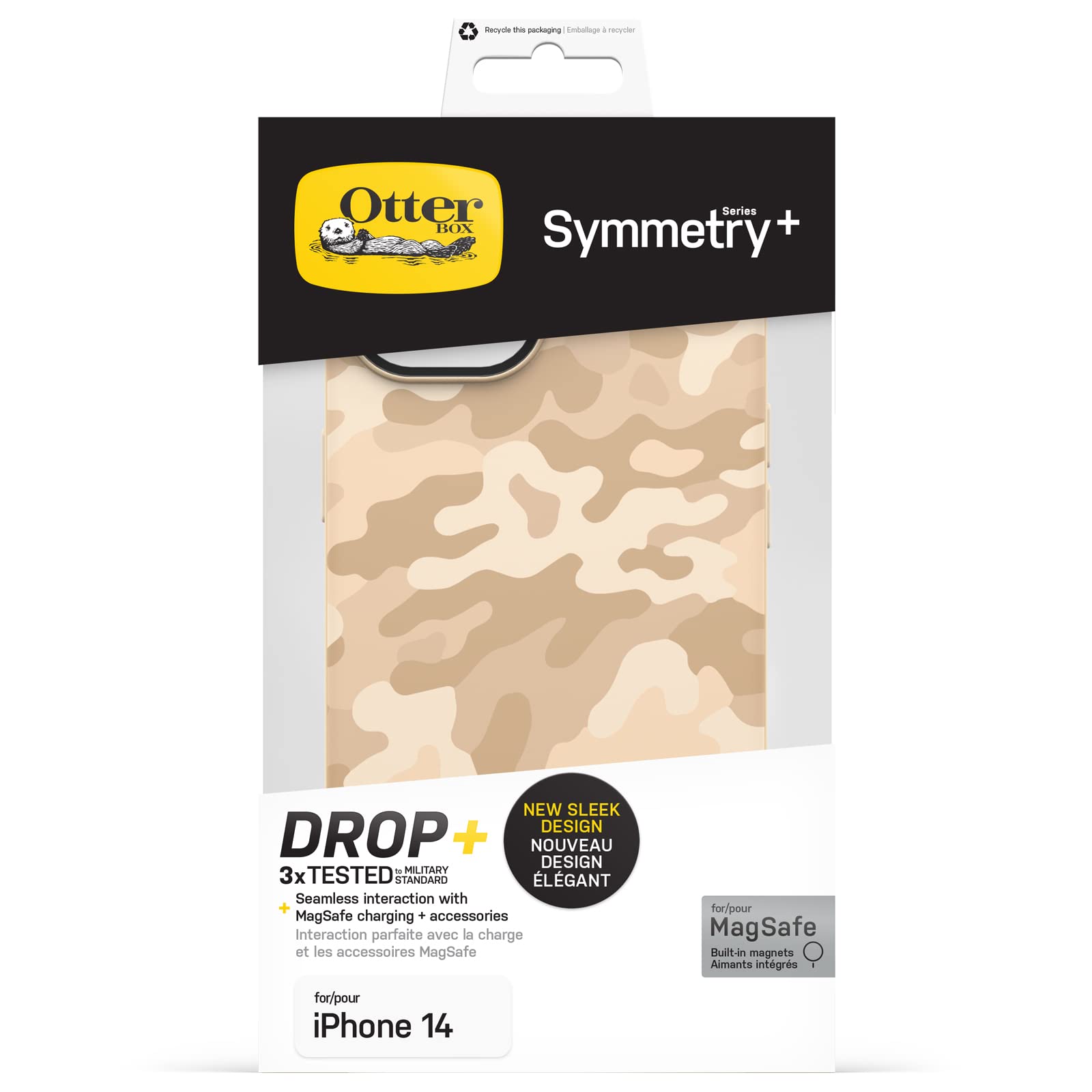 OtterBox Cover per iPhone 14/iPhone 13, Symmetry+ con MagSafe, resistente a shock e cadute fino a 2 metri, sottile, testata 3x vs le norme MIL-STD 810G, SAND STORM CAMO