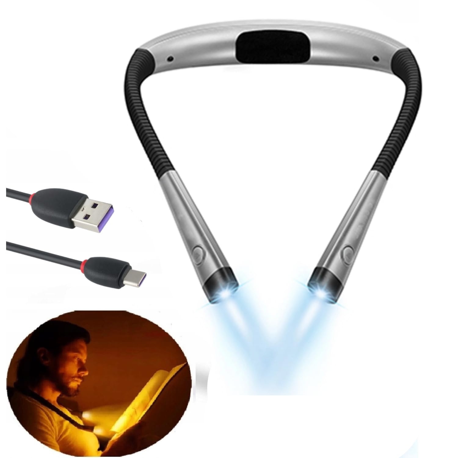 Luz de Lectura Cuello, Luz Lectura Libros Cama Recargable, Luz para Leer Libros con 3 Colores Modos Protección Ocular y 3 Brillos, Recargable & Larga Duración, Ideal para Tejer, Reparar, etc.(Plata)
