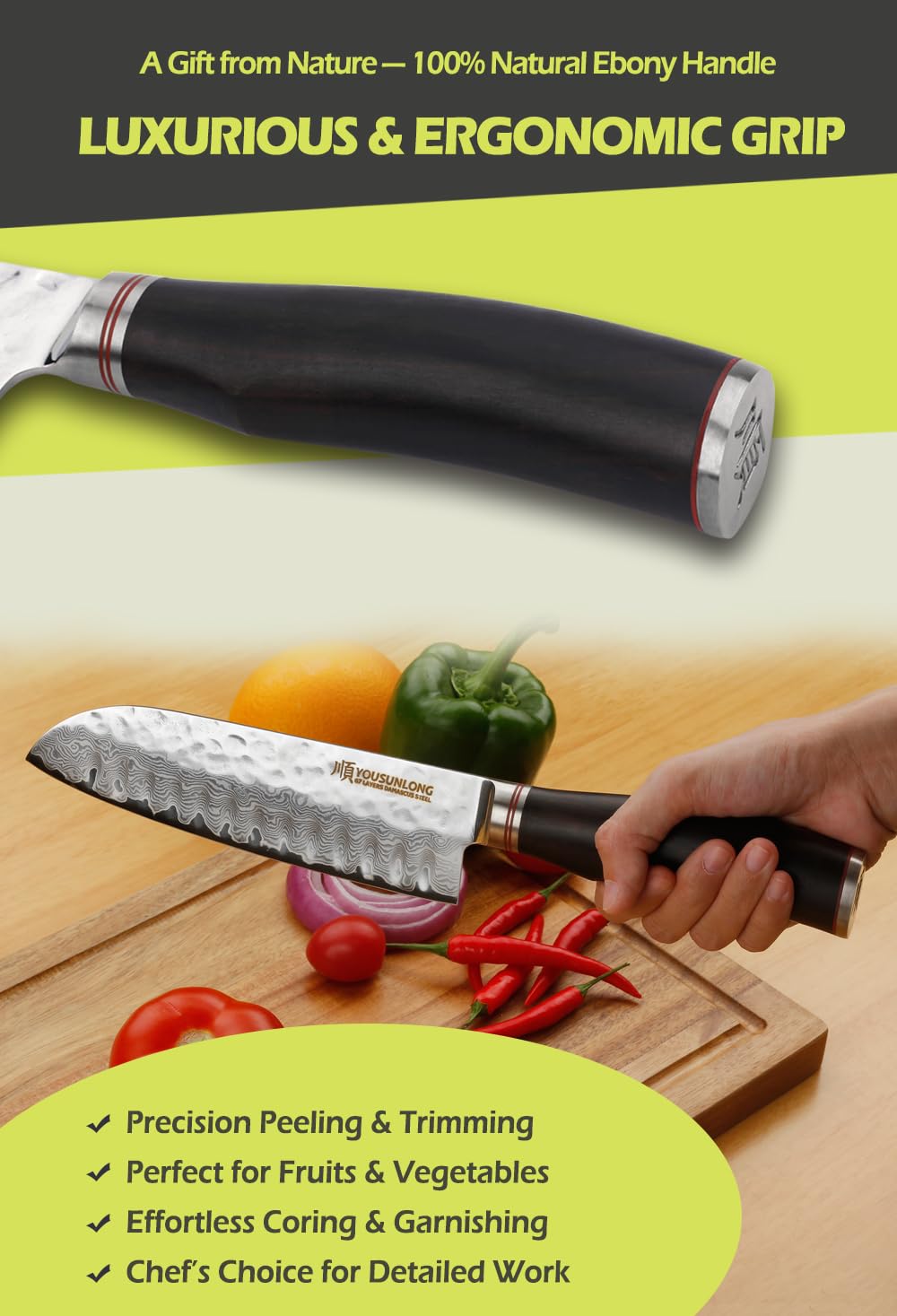 YOUSUNLONG Coltello Santoku - Coltello da cucina, 177 mm - Coltello da chef professionale - Damasco giapponese ad alto tenore di carbonio VG10 - Manico in ebano naturale con fodero in pelle