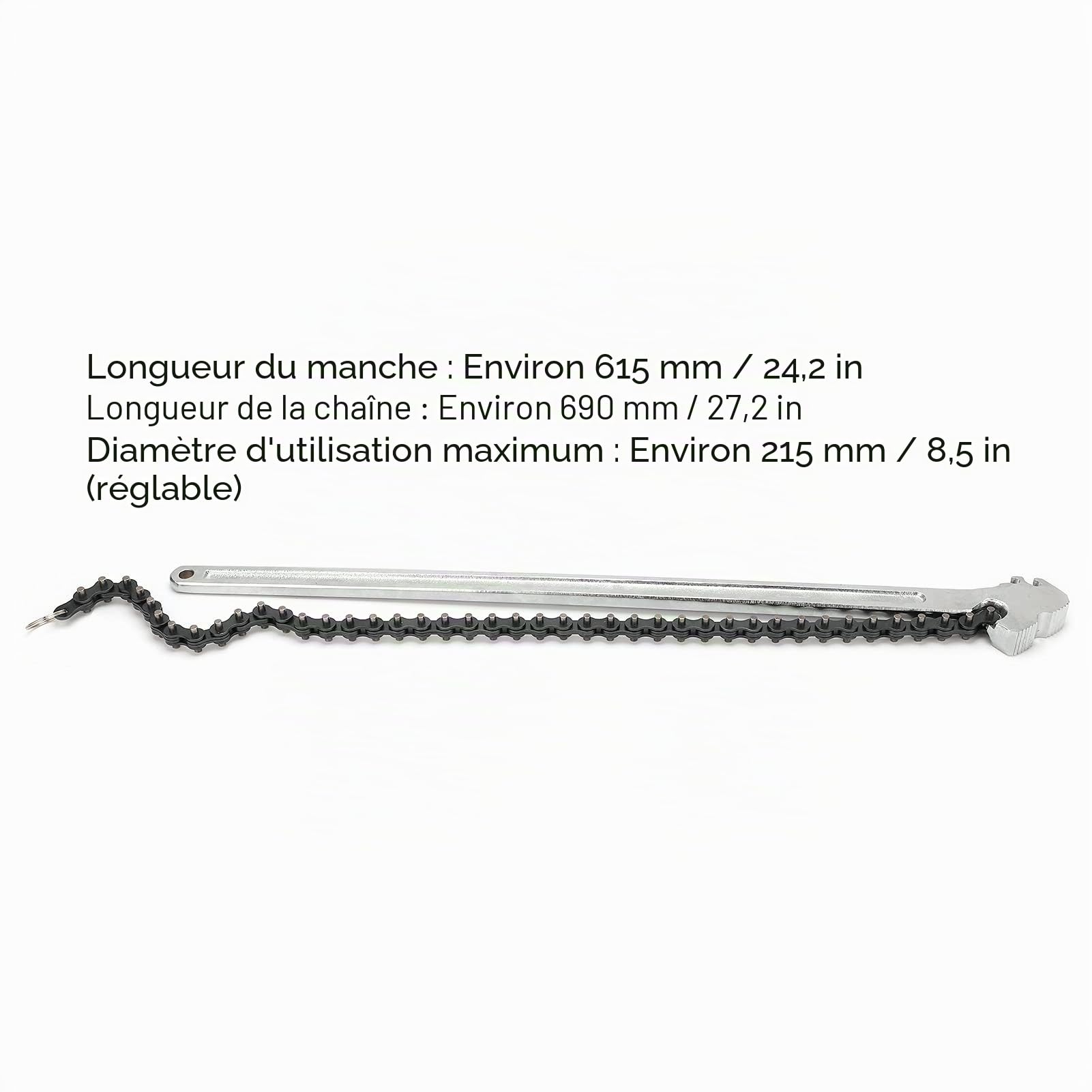 Clé à Chaîne de 61 Cm, Poignée Allongée de 615 Mm Clé à Chaîne à Cliquet Solide Outil de Filtre à Réversible Raccords de Tuyauterie Outils Outil D'articulation à Diamètre