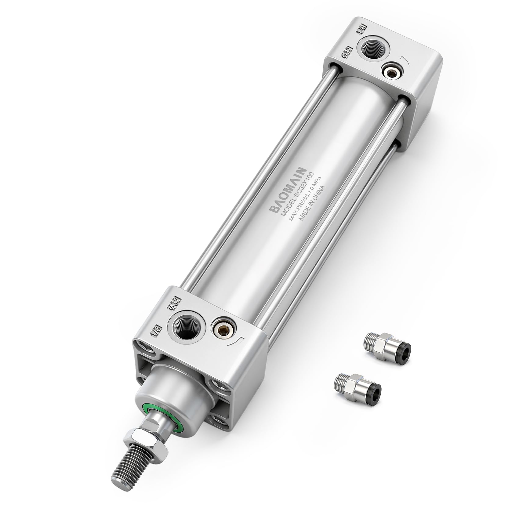 Baomain Pneumatic Air Cylinder SC 32 x 125, PT 1/8, 1-1/4" Bore, 4.92" Stroke, Single Rod Double Acting, M10X1.25 Threaded Rod, Includes CY Foot Flange, CB Binaural Base & 2X Push-in Fittings