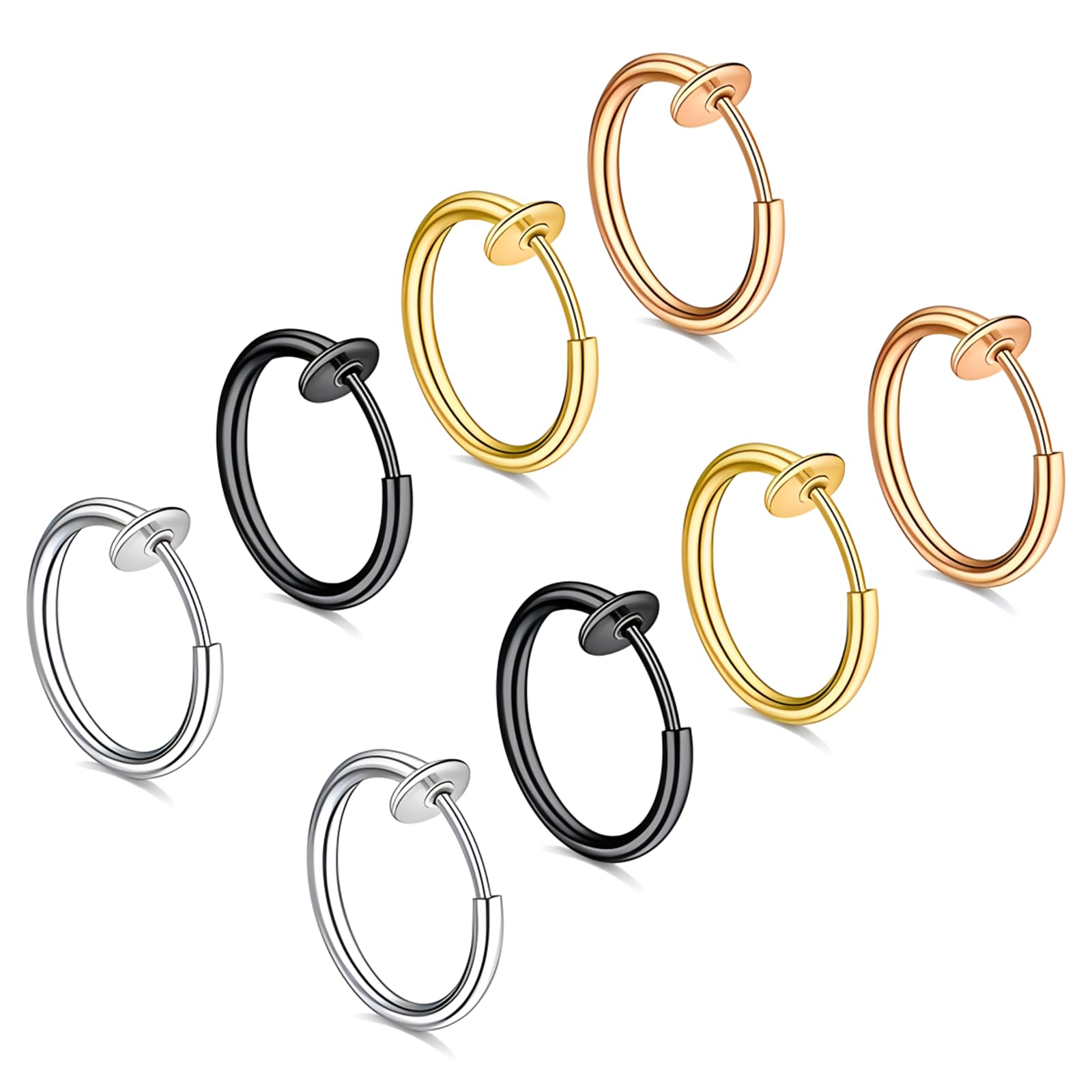 Ormromra4Pairs Fake Nose Rings, Clip On Fake Lip Nose Septum Belly Rings, Stainless Steel Retractable Nose Ring, Faux Helix Earring for Women Men No Piercing Septum Jewelry