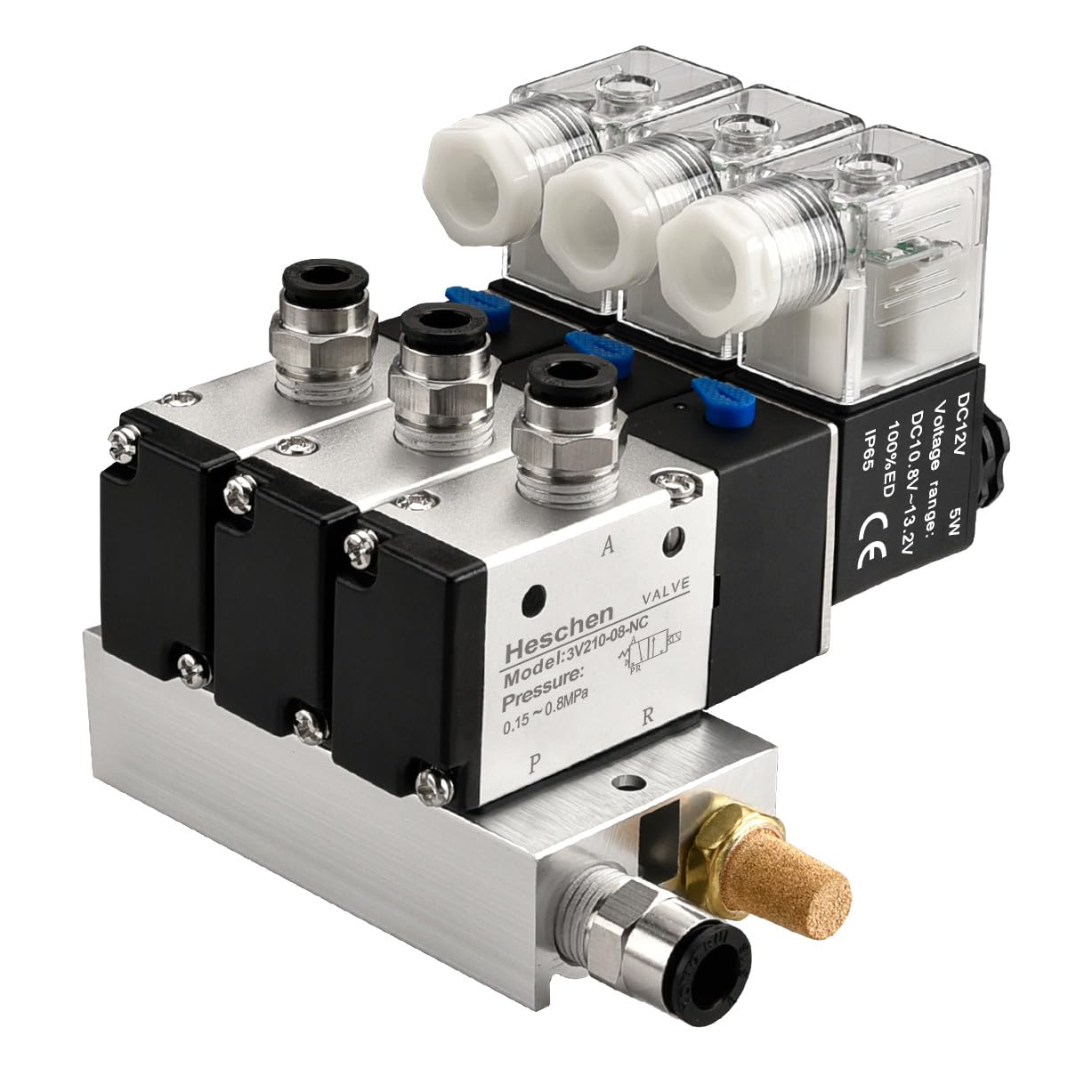 Heschen Elettrovalvola tripla pneumatica elettrica, 3V210-08, DC12V, PT1/4, 3/2 vie, silenziatore base collettore raccordi rapidi Set