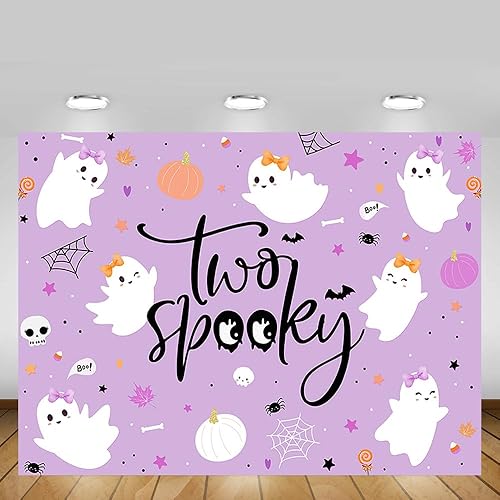 Miniatura 5 de MEHOFOND Telón de fondo de feliz cumpleaños de Halloween de 7 x 5 pies para niños, 2 segundo cumpleaños, Little Boo is Turrning dos suministros de