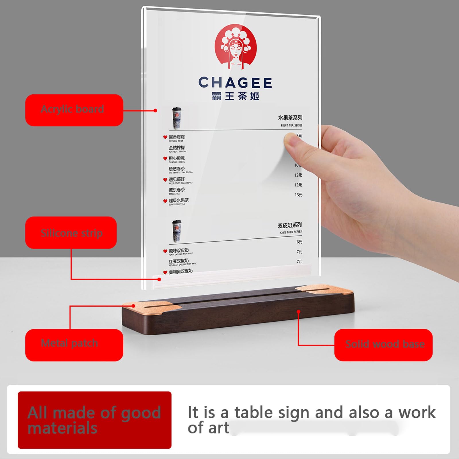 Porta menu con cartello in acrilico, confezione da 2, base in noce, A4, A5, A6, ristorante, negozio, hotel, ufficio, commercio(A5(148X210mm))