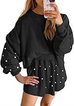 Fisoew Womens Lounge Sets 2 Piece Outfits Decor Pearl Long Sleeve Sweatshirt Skort Skirt Tracksuits Shorts Sets