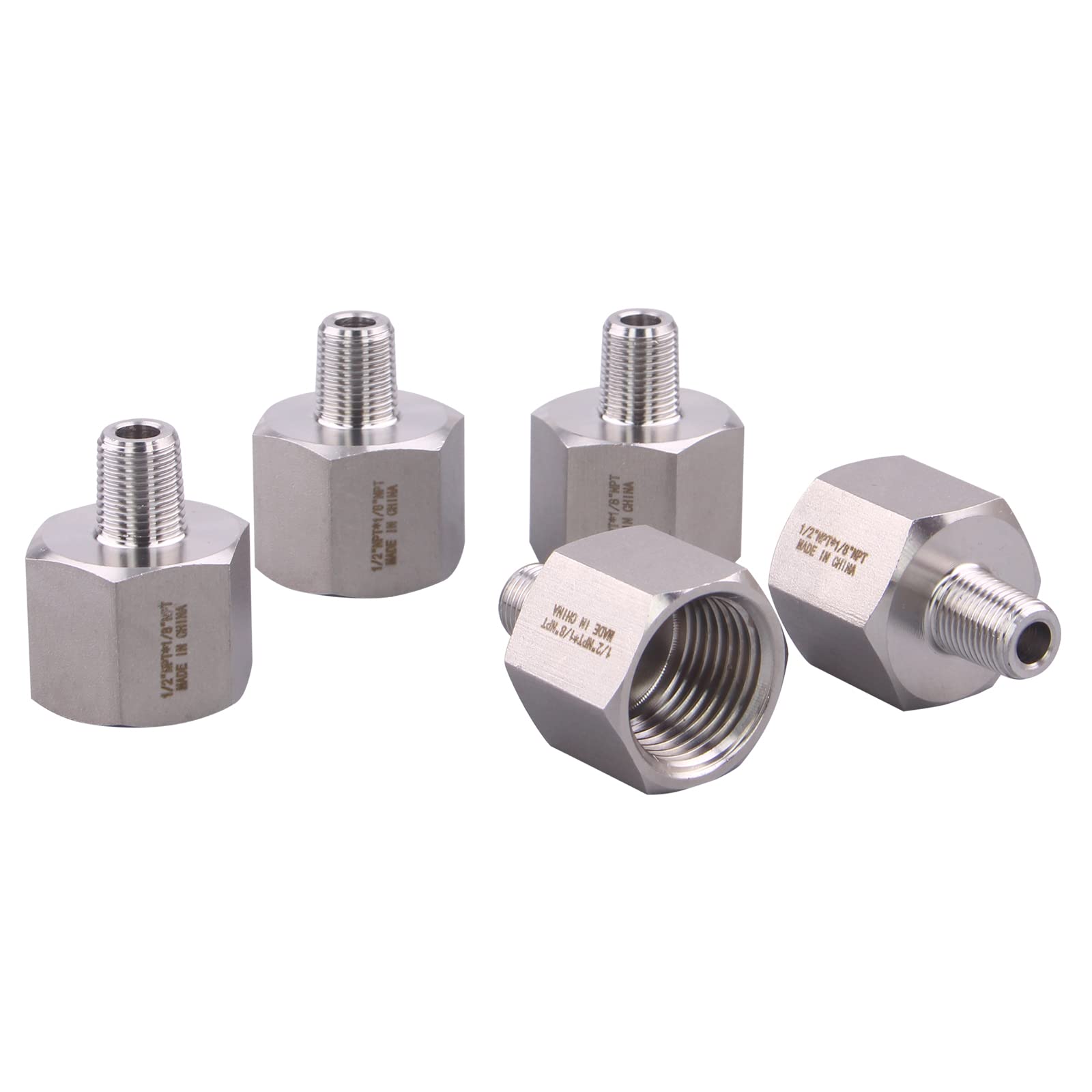 Forged Reducer Adapter Fitting - Stainless Steel 304 Reducing Pipe Connector, 1/2" NPT Female x 1/8" NPT Male (pack of 5)