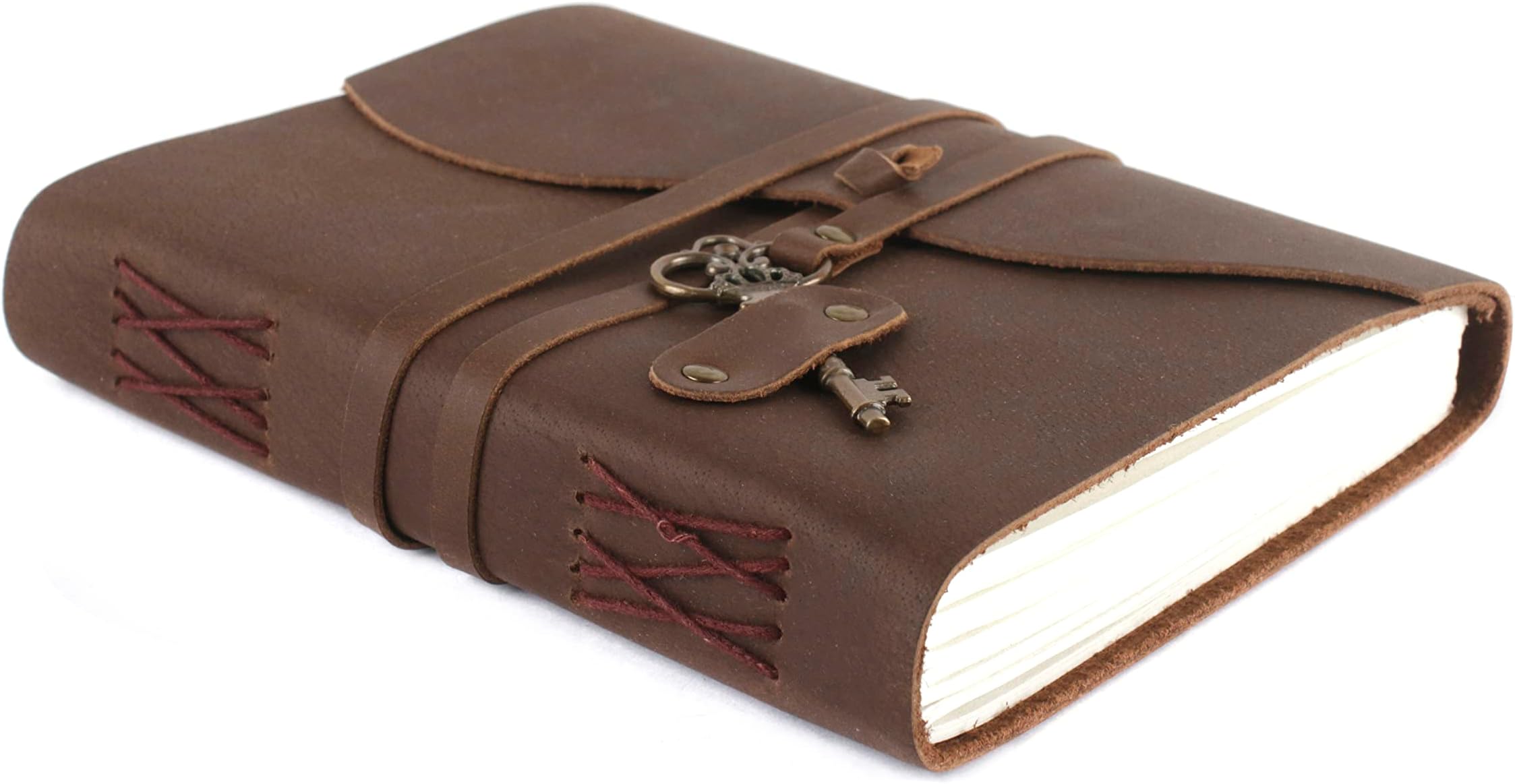 Aakriti Leather Journal Refillable Paper Handmade Notebook Cotton lined Diary For Women Men Vintage Key Closure Leather Sketchbook 200 pages (8x6, Cotton Lined(Distress Brown))