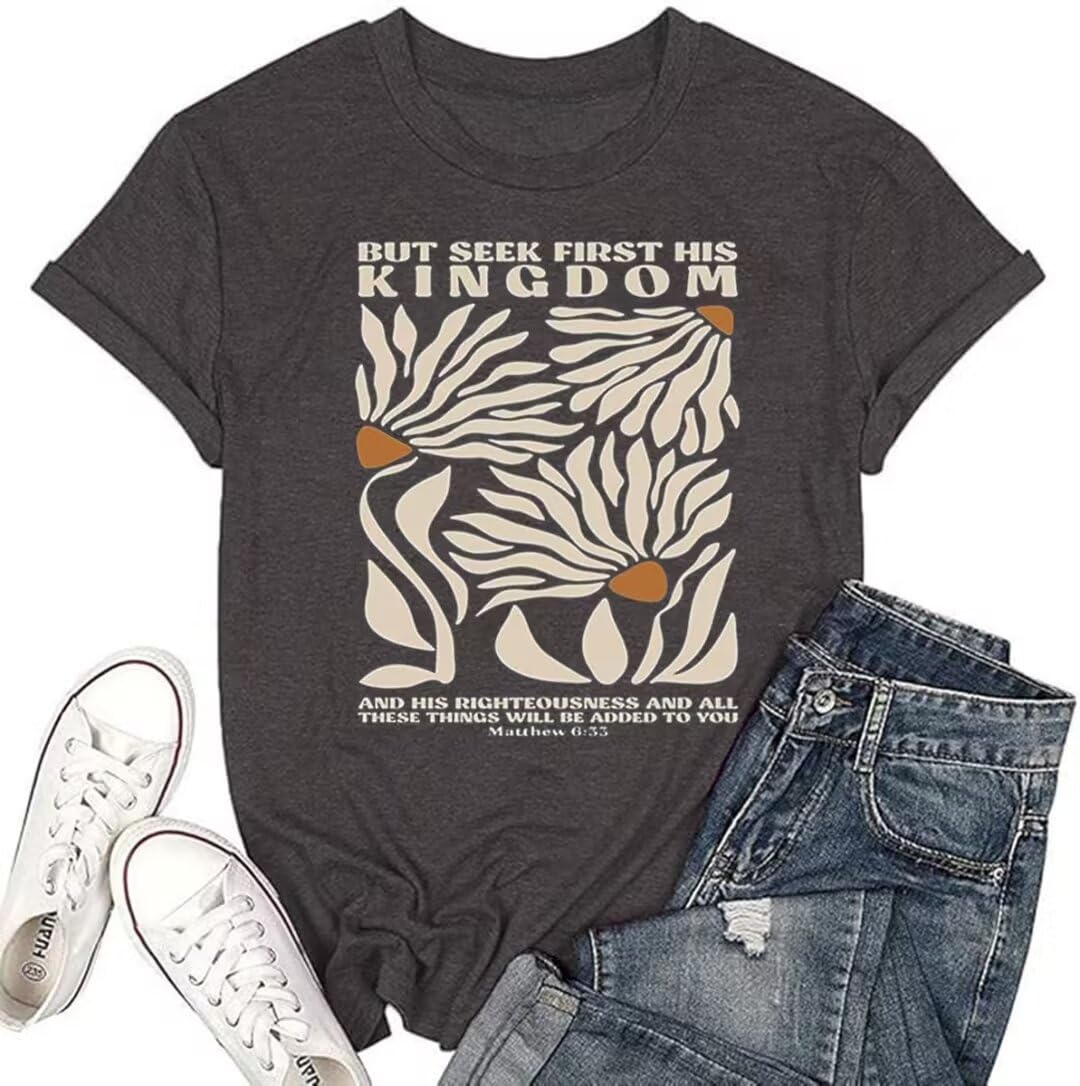 Women's Christian Bible Verse T Shirts Vintage Boho Wildflowers Graphic Short Sleeve Crewneck Floral Religious Tee Tops