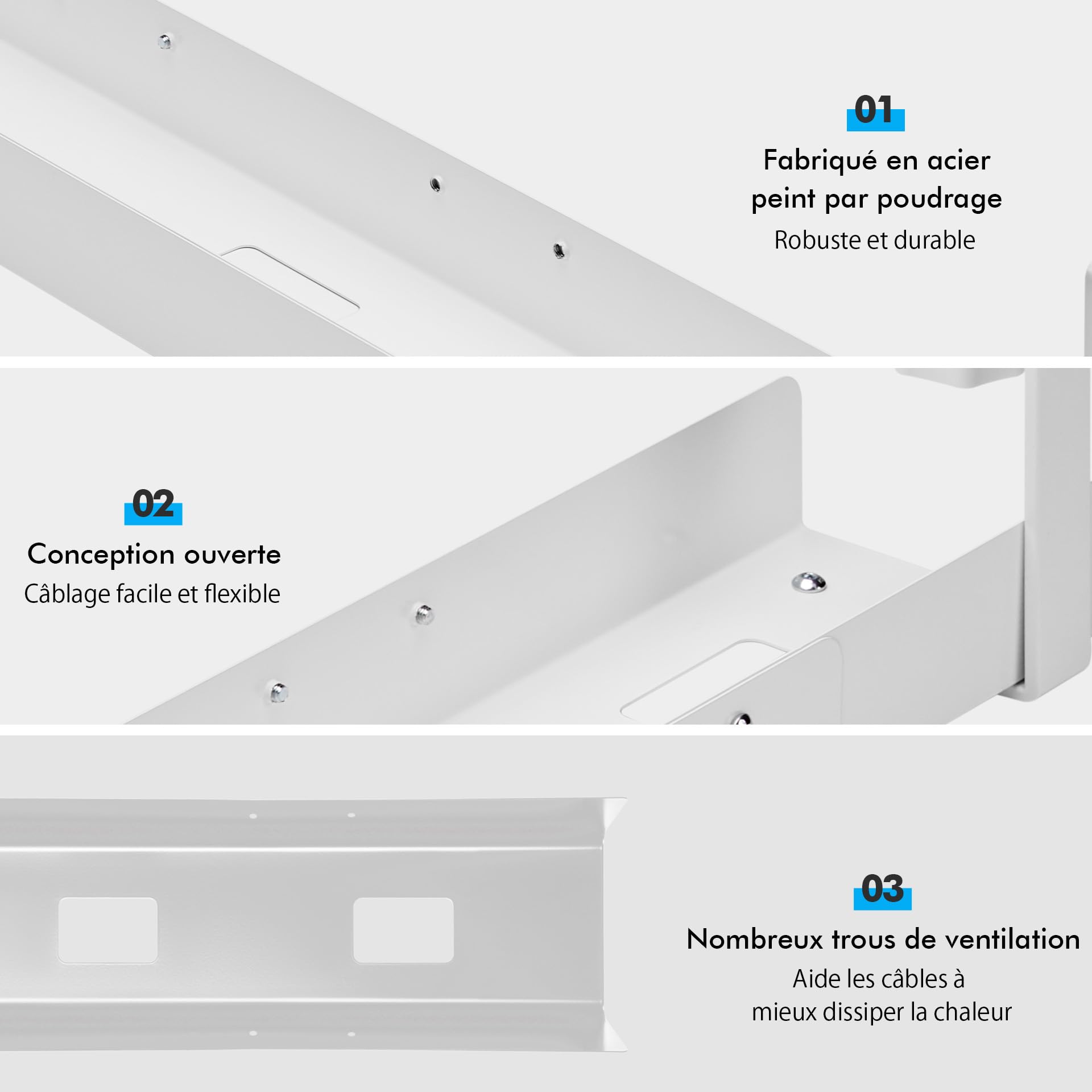 Mimoke Goulotte de câbles de bureau - Extensible de 800 à 1200 mm - Gestion des câbles - Bureau avec accessoires - Montage facile par serrage (blanc)