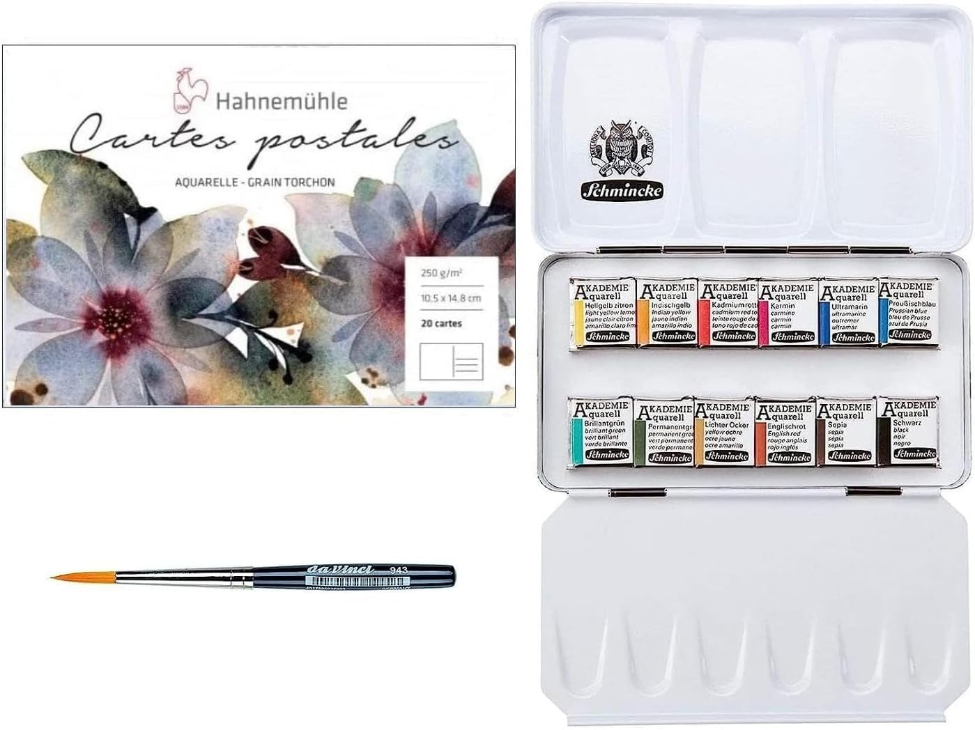 Schmincke Academy Aquarellfarbkasten, Metallkasten, 12 x 1/2 Näpfchen + Hahnemühle Aquarell-Postkartenblock 10,5 x 14,8 cm mit Da Vinci Mini-Pinsel