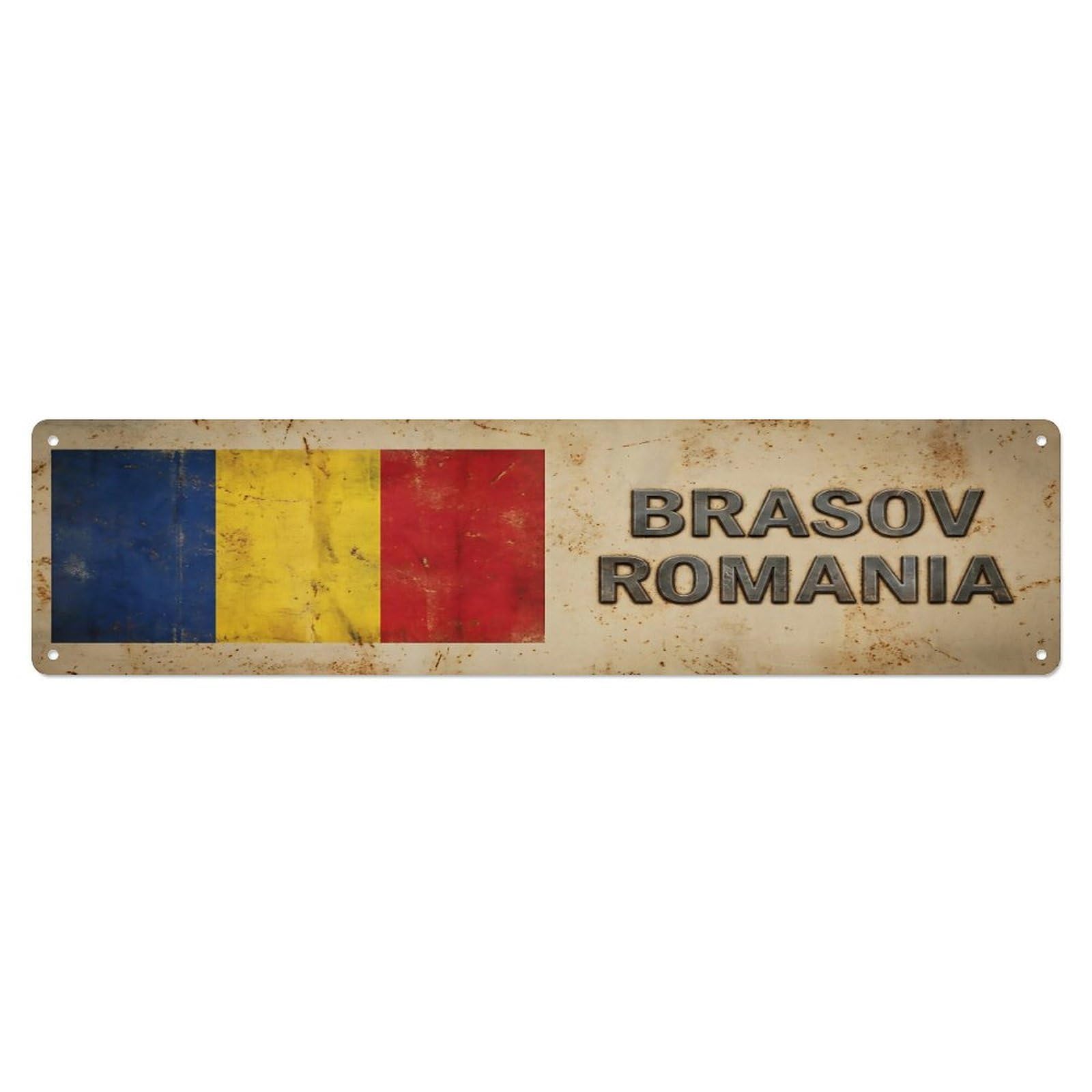 Vintage Brasov Romania Flag Decor Rustic Travel Metal Tin Sign