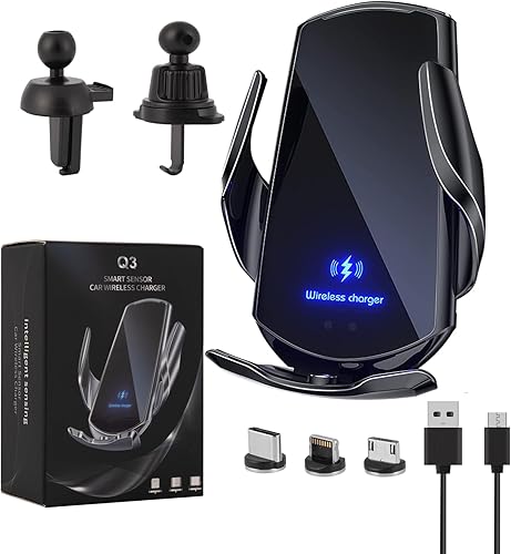 Soporte inalámbrico para cargador de coche - Soporte de teléfono con sujeción automática de carga rápida de 15 W para todos los teléfonos