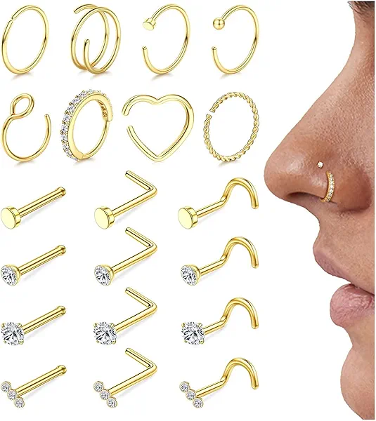 FIBO STEEL 18g 20g Nose Rings Hoops Nose Studs - Hypoallergenic Surgical Steel CZ Nose Stud L Shape Body Nostril Piercing Jewelry for Women Men 14k Gold Plated 20Pcs