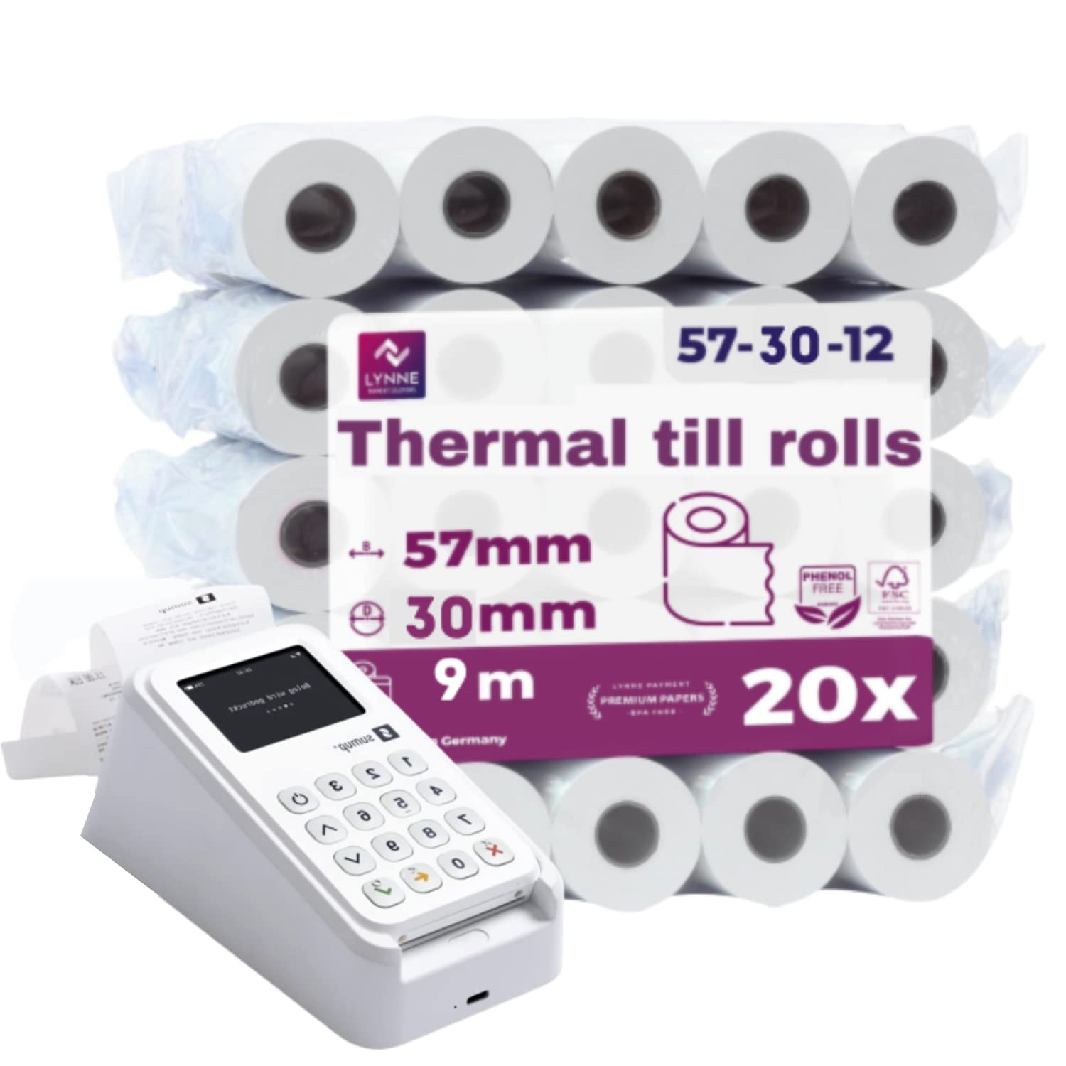 LYNNE PAYMENT SOLUTIONS Premium Till Rolls 57x30 - PDQ Rolls for Credit Card Machine – Thermal Paper roll for Receipt - 57 mm x 30 mm BPA Free (Pack of 20)