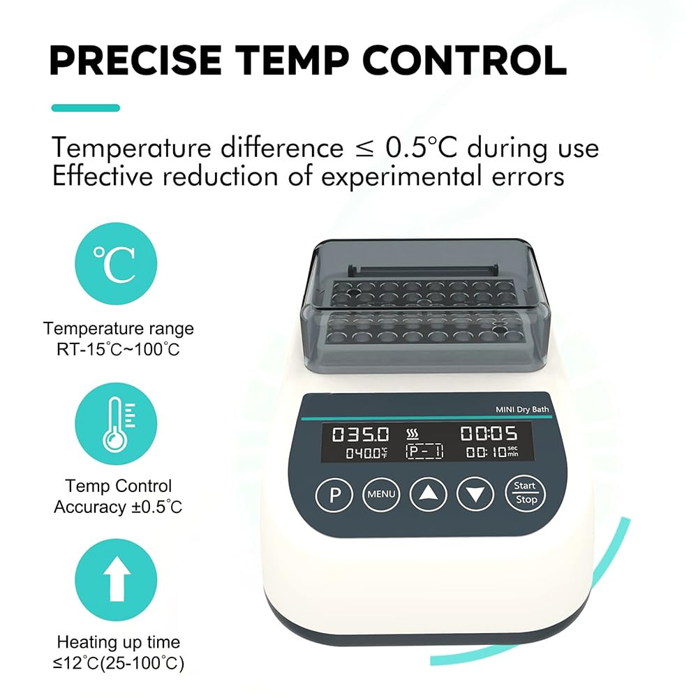Mini incubadora de baño seco, calefacción y refrigeración de laboratorio, 9 configuraciones de programa, control termostático, tubos de 0,2/0,5/1,5/2 ml, para secado de reactivos químicos