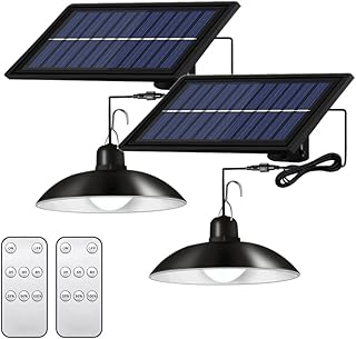Aolyty Luz pendente solar com controle remoto regulável galpão, luz à prova d'água, energia solar, lâmpada de parede suspensa, pacote com 2 para jardim, quintal, corredor, passarela, caminho, garagem (luz branca)
