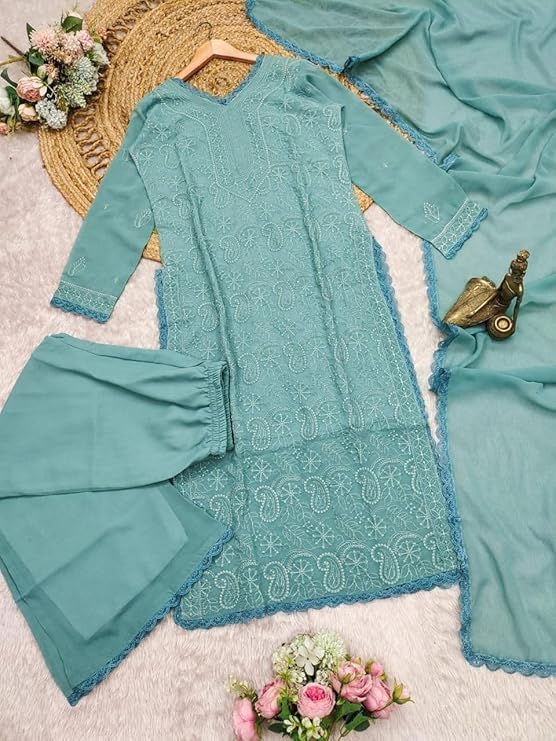 Image of Women's Chikankari Embroidered 3 Piece Suit Set in Faux Georgette - Long Gown Style Kurta with Lining with Dupatta
