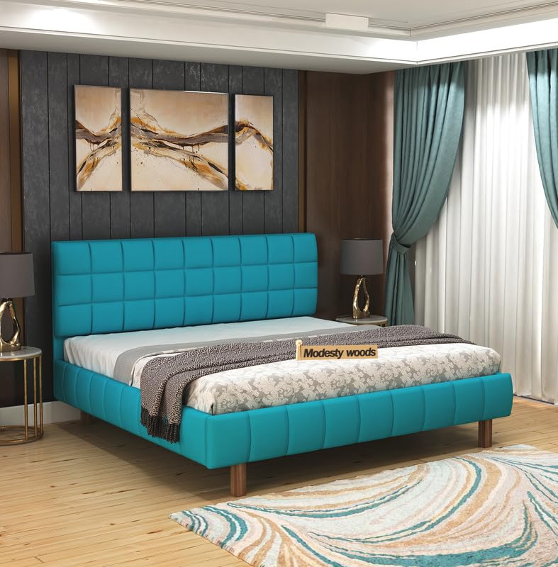 Sheesham Wood Queen Size Bed | Blue Upholstered Wooden Cot | Premium Solid Wood Double Bed | Modern Fabric Headboard Bed for Bedroom & Living Room | Durable Wooden Furniture-image-12