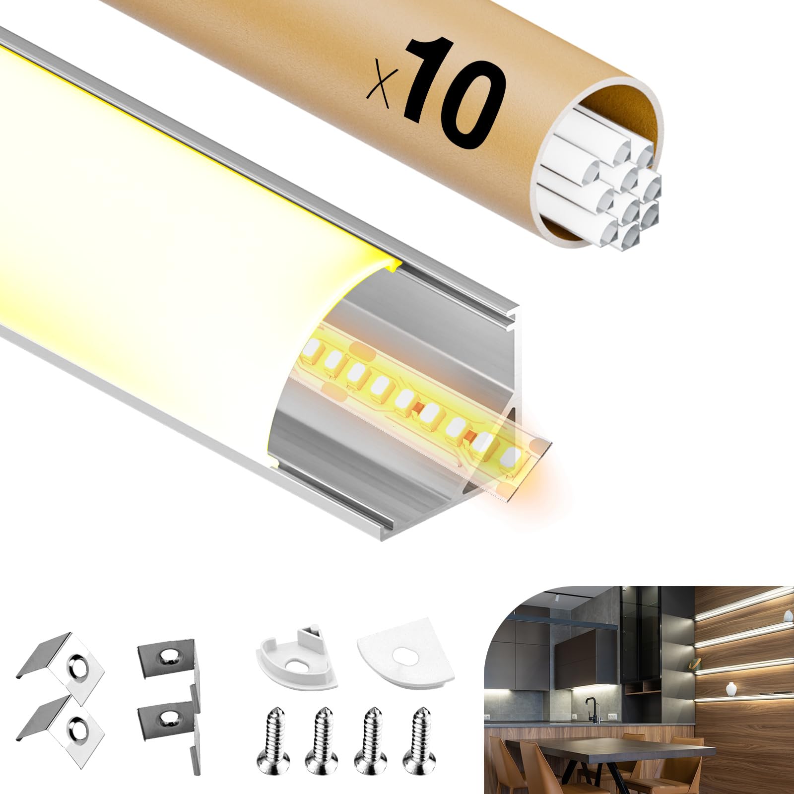 10 x Profilo in alluminio LED 2M (Total 20M) Canale LED a V per strisce LED, binario LED a 90 gradi con diffusore LED, tappi di fine e clip di montaggio in metallo