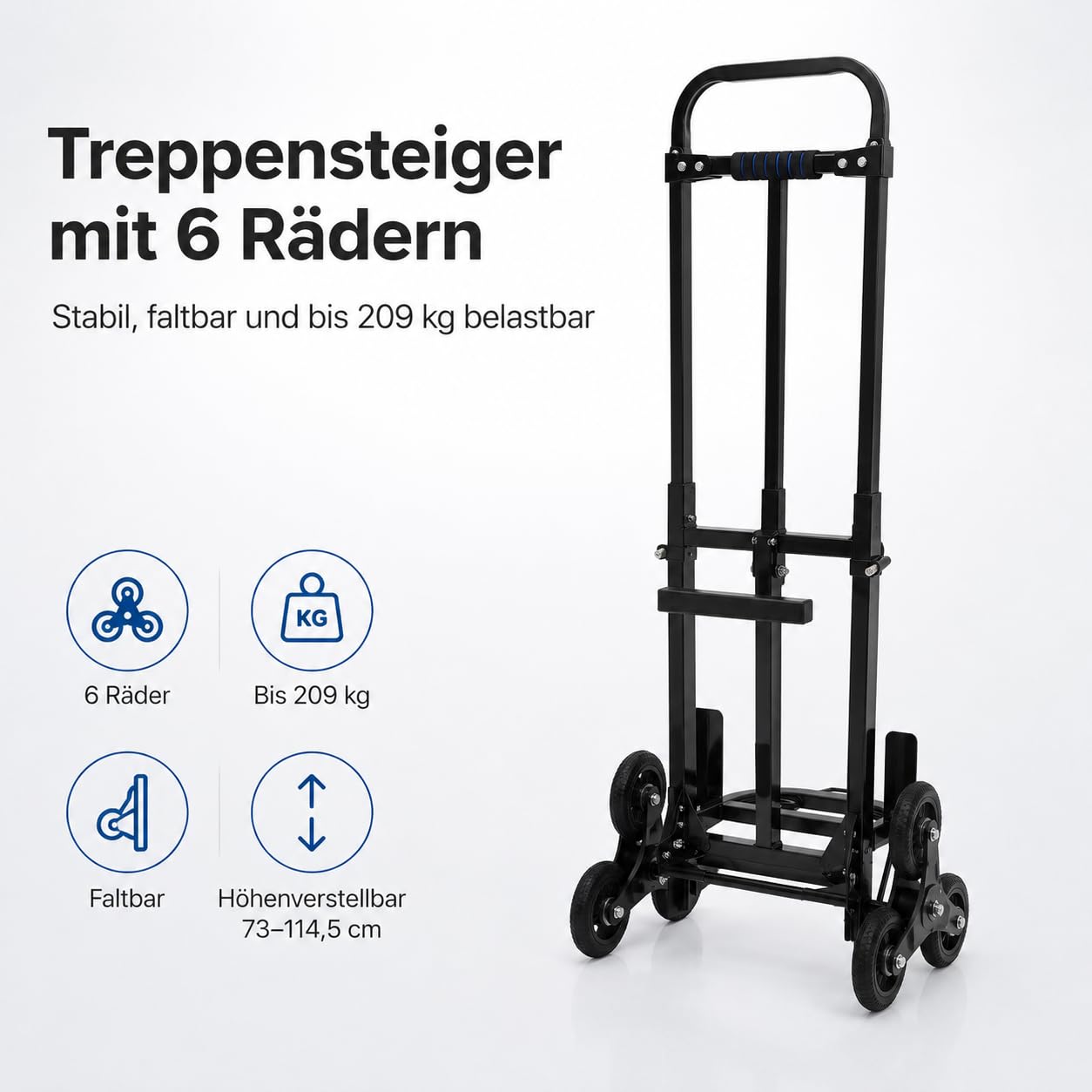 Treppensteiger Sackkarre klappbar bis 210kg - Profi Treppensackkarre aus Stahl mit 6 PU-Rädern,Transportkarre höhenverstellbar 73-114,5cm für Umzug & Treppen, Schwarz