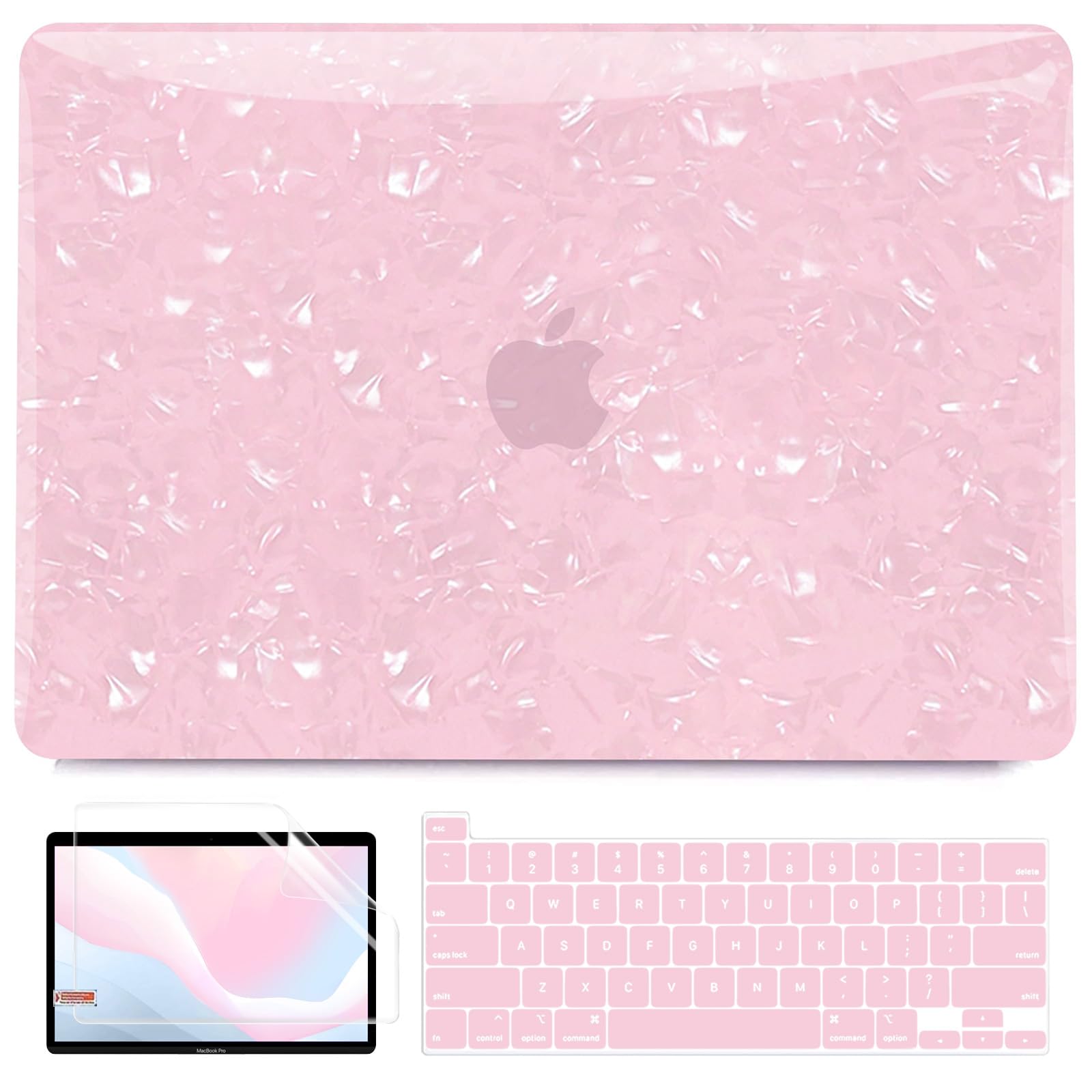 BELKA Compatible with MacBook Pro 13 inch Case M2 2025 2024 2023-2016 Release A2338 M1 A2251 A2289 A2159 A1989 A1708 A1706, Plastic Hard Shell Case +Keyboard Cover+Screen Protector, Shiny Pink Pearl