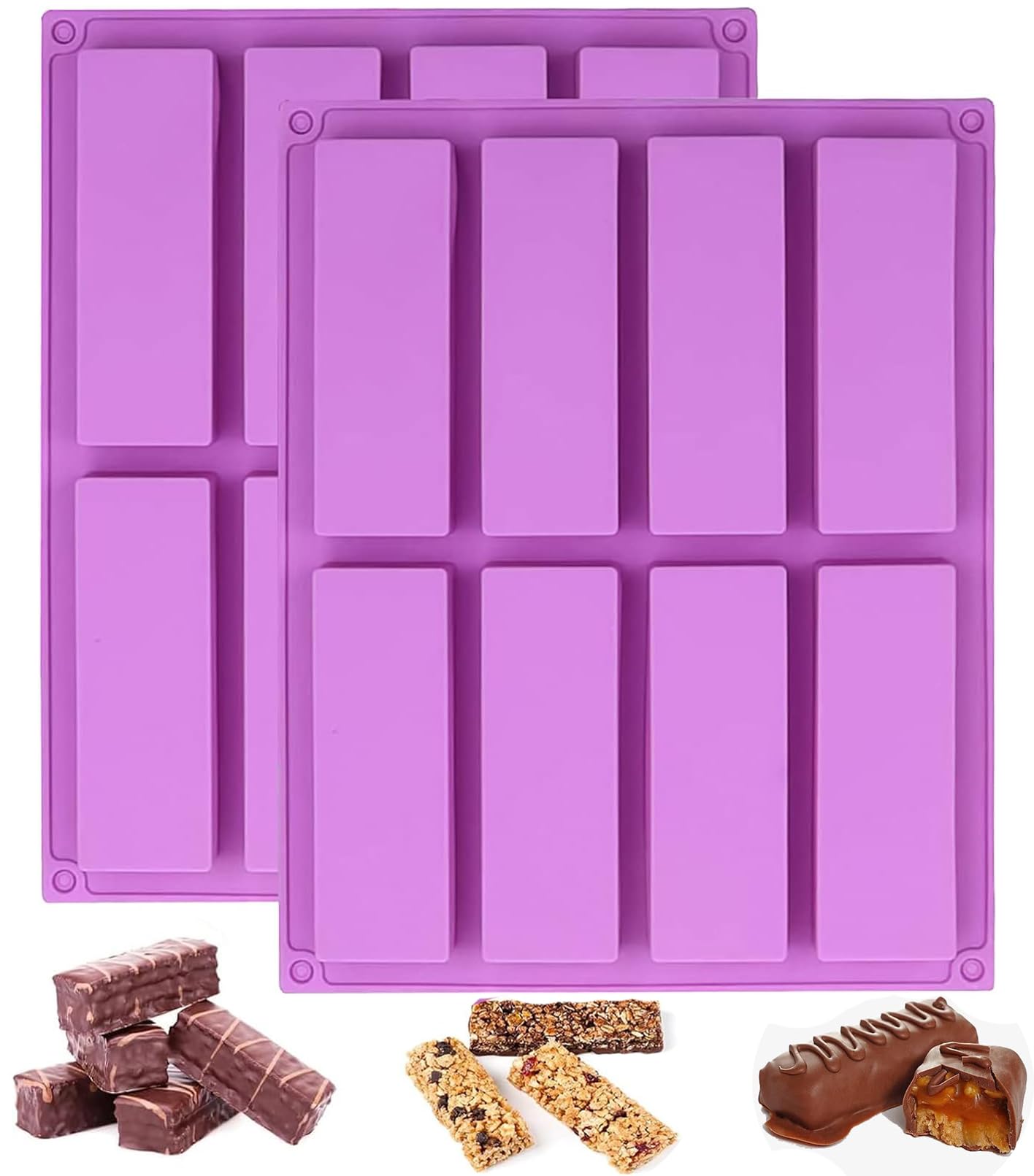 BURRSJ Large Rectangle Silicone Granola Bars Mold 2PCS-8 Cavity Reusable Chocolate & Energy Bar Molds for Baking, Cheesecake, Pudding Cake Dishwasher Safe, Non-Stick & BPA-Free Baking Tools (2 Pack)