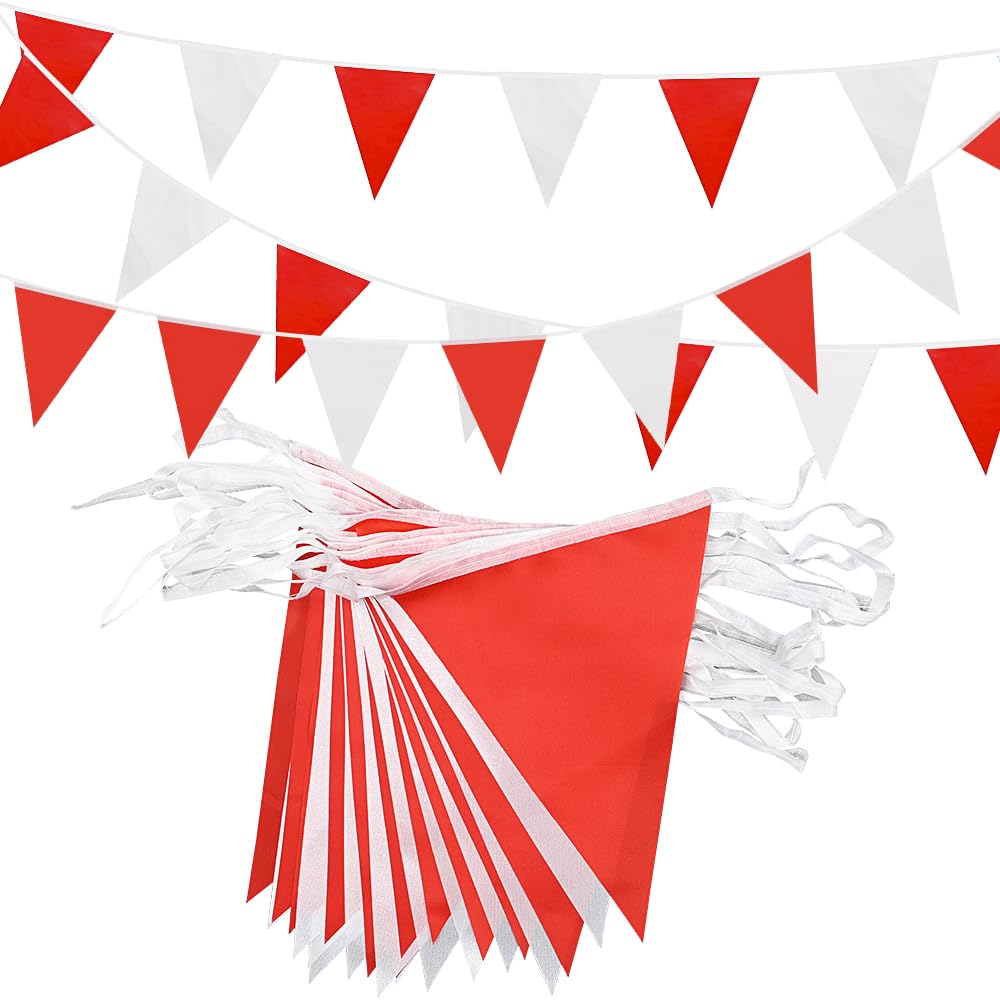 20m 52pcs Red White Bunting, Reusable Waterproof Polyester Fabric Triangle Flags Red and White Banner for Indoor Outdoor Birthday Party Decorations — image 1