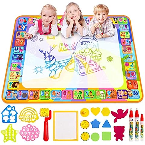 Water Doodle Magic Mat, Larger 100 x 70cm Multicolored No Mess Water Drawing Painting Pad with 3 Magic Pens & 8 Stamps - Best Educational Toy & Xmas Gifts for Boys& Girls Age 3 4 5 6+ Years Old Cover